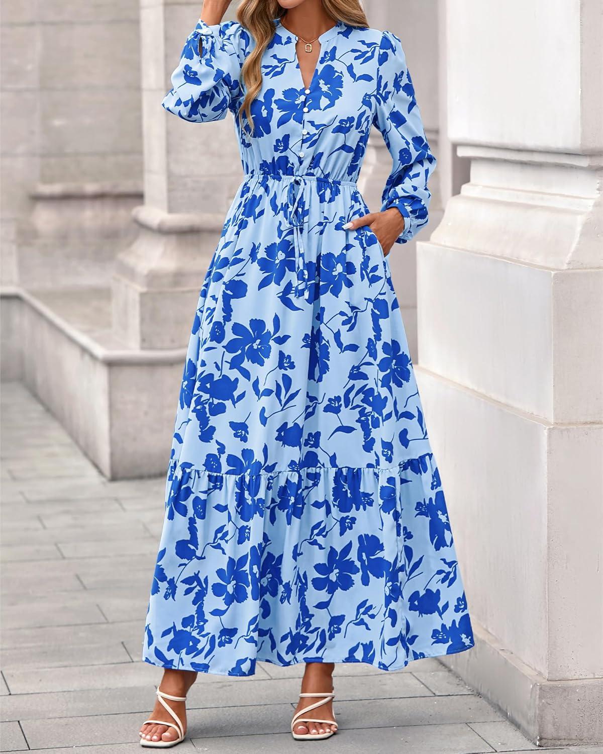 imageBTFBM Womens Fall Dresses 2025 Casual Long Sleeve Boho Floral V Neck Button Down Pockets Flowy Vacation Wedding DressFloral Light Blue Blue
