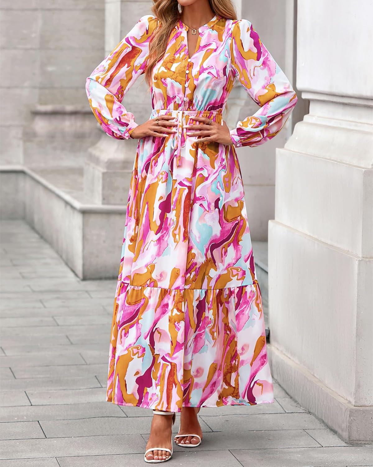 imageBTFBM Womens Fall Dresses 2025 Casual Long Sleeve Boho Floral V Neck Button Down Pockets Flowy Vacation Wedding DressFloral Multicolored