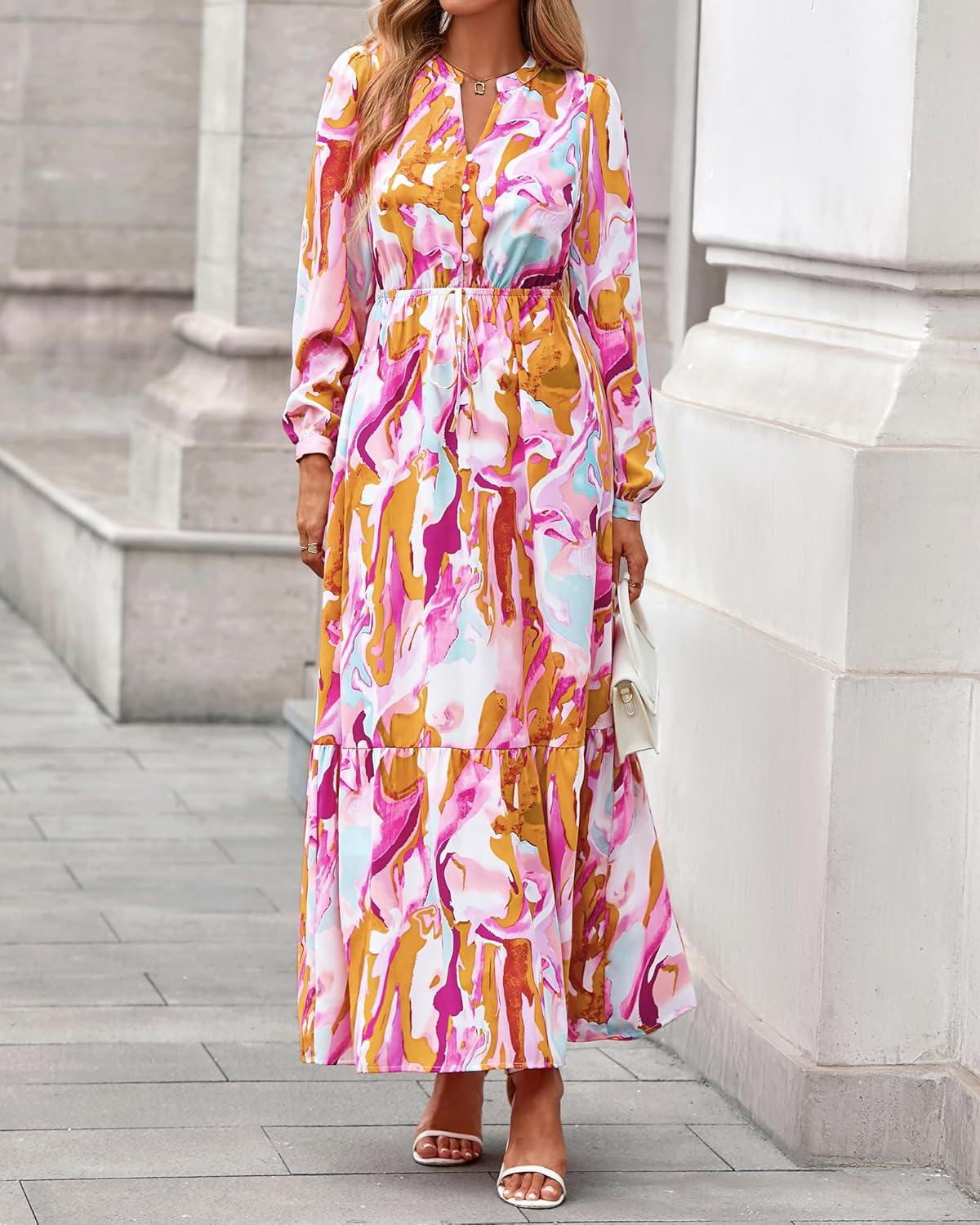 imageBTFBM Womens Fall Dresses 2025 Casual Long Sleeve Boho Floral V Neck Button Down Pockets Flowy Vacation Wedding DressFloral Multicolored