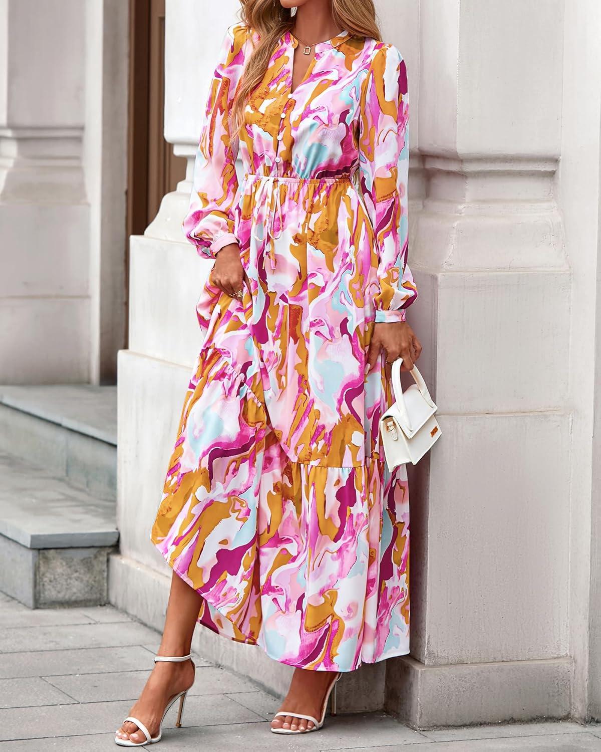 imageBTFBM Womens Fall Dresses 2025 Casual Long Sleeve Boho Floral V Neck Button Down Pockets Flowy Vacation Wedding DressFloral Multicolored