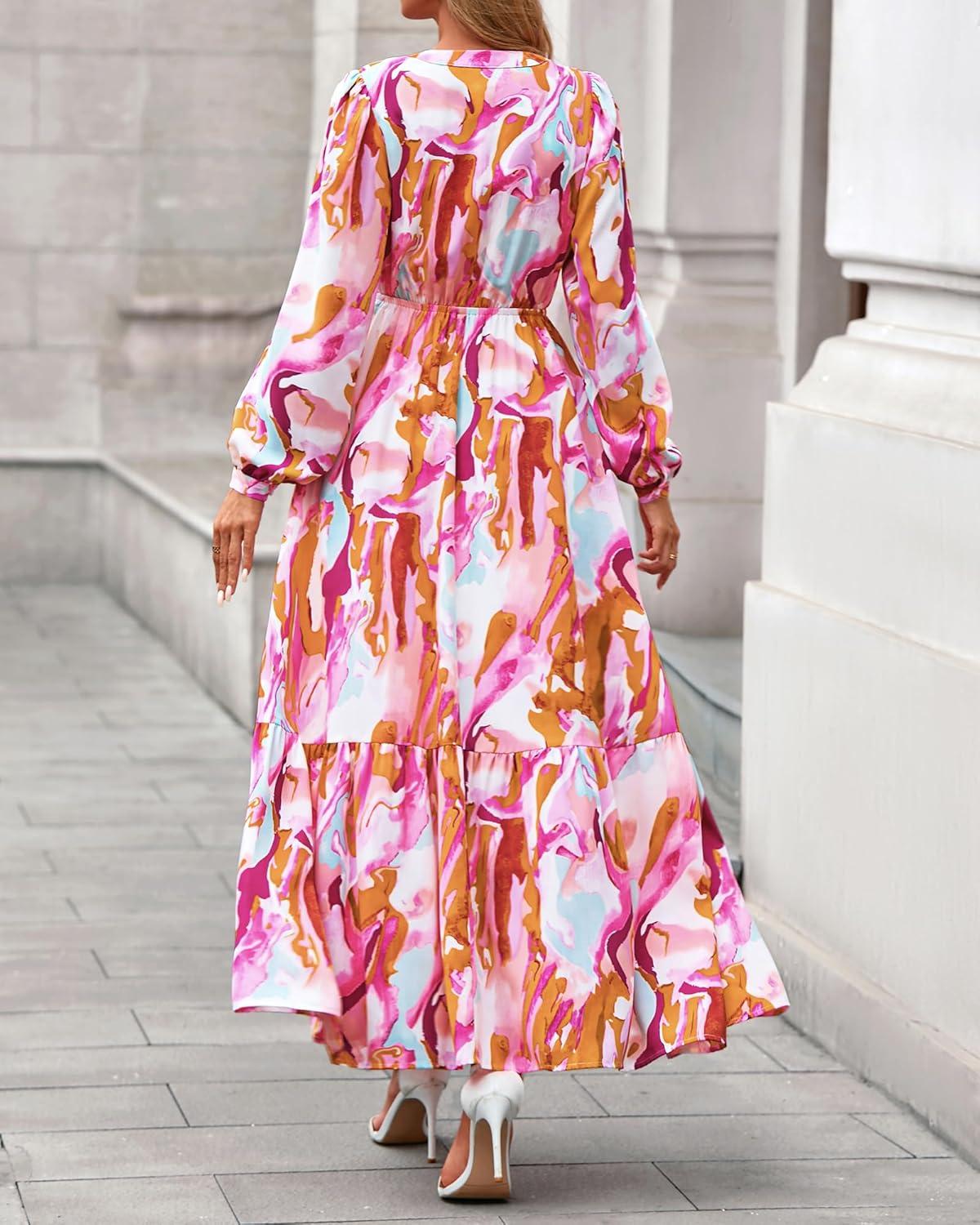 imageBTFBM Womens Fall Dresses 2025 Casual Long Sleeve Boho Floral V Neck Button Down Pockets Flowy Vacation Wedding DressFloral Multicolored