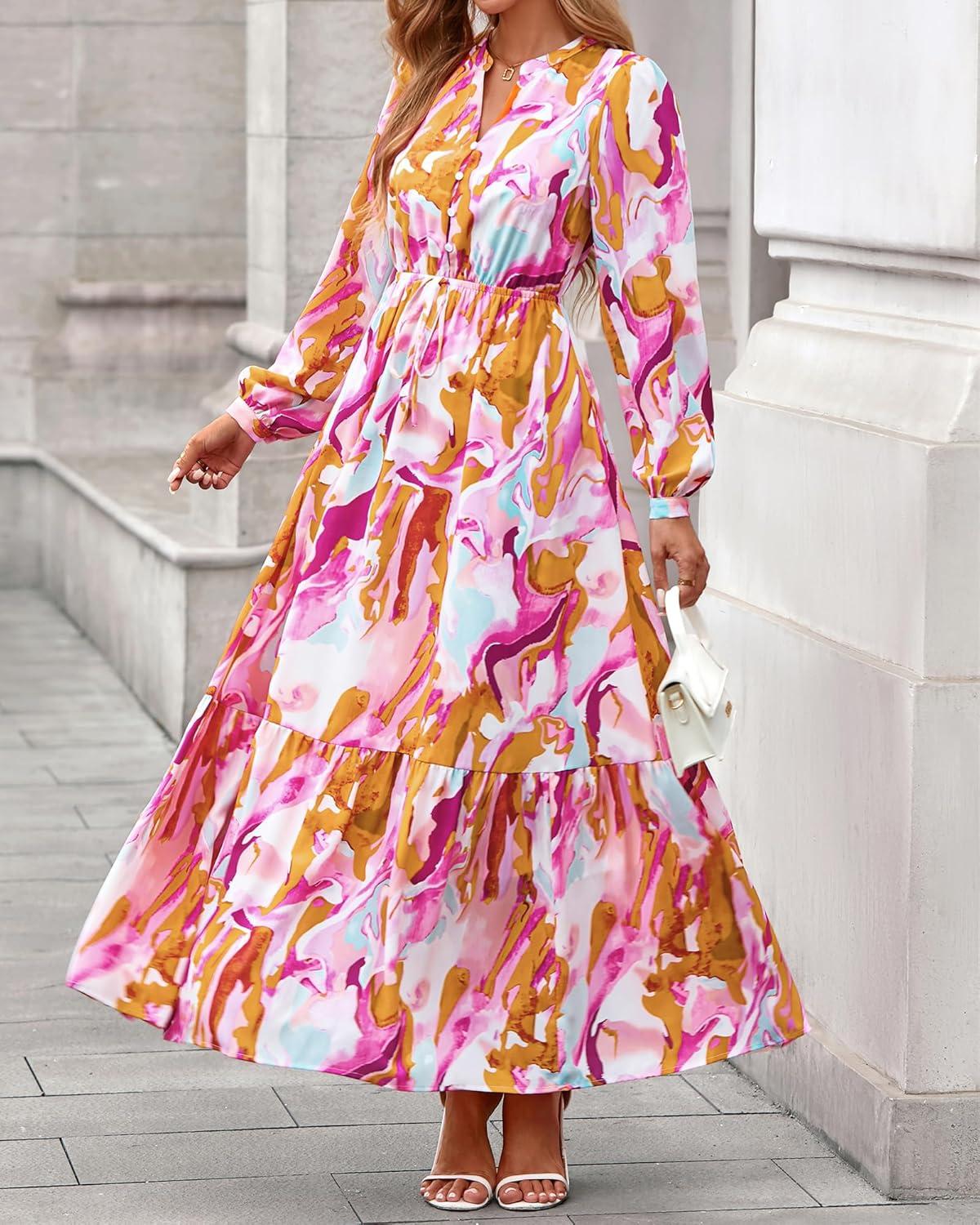 imageBTFBM Womens Fall Dresses 2025 Casual Long Sleeve Boho Floral V Neck Button Down Pockets Flowy Vacation Wedding DressFloral Multicolored