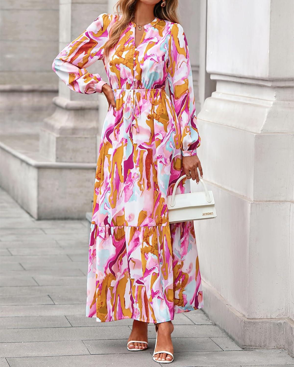 imageBTFBM Womens Fall Dresses 2025 Casual Long Sleeve Boho Floral V Neck Button Down Pockets Flowy Vacation Wedding DressFloral Multicolored