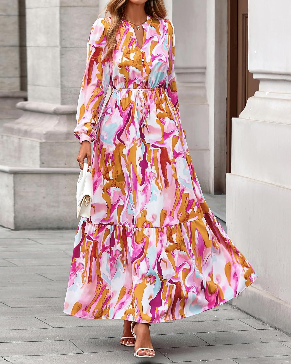 imageBTFBM Womens Fall Dresses 2025 Casual Long Sleeve Boho Floral V Neck Button Down Pockets Flowy Vacation Wedding DressFloral Multicolored
