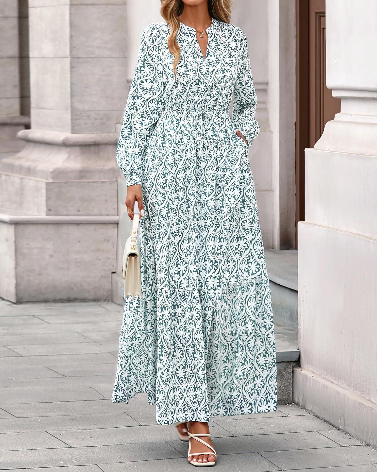 imageBTFBM Womens Fall Dresses 2025 Casual Long Sleeve Boho Floral V Neck Button Down Pockets Flowy Vacation Wedding DressFloral White Green