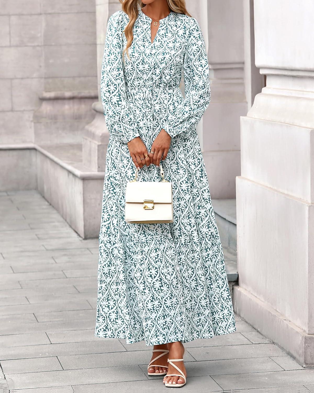 imageBTFBM Womens Fall Dresses 2025 Casual Long Sleeve Boho Floral V Neck Button Down Pockets Flowy Vacation Wedding DressFloral White Green