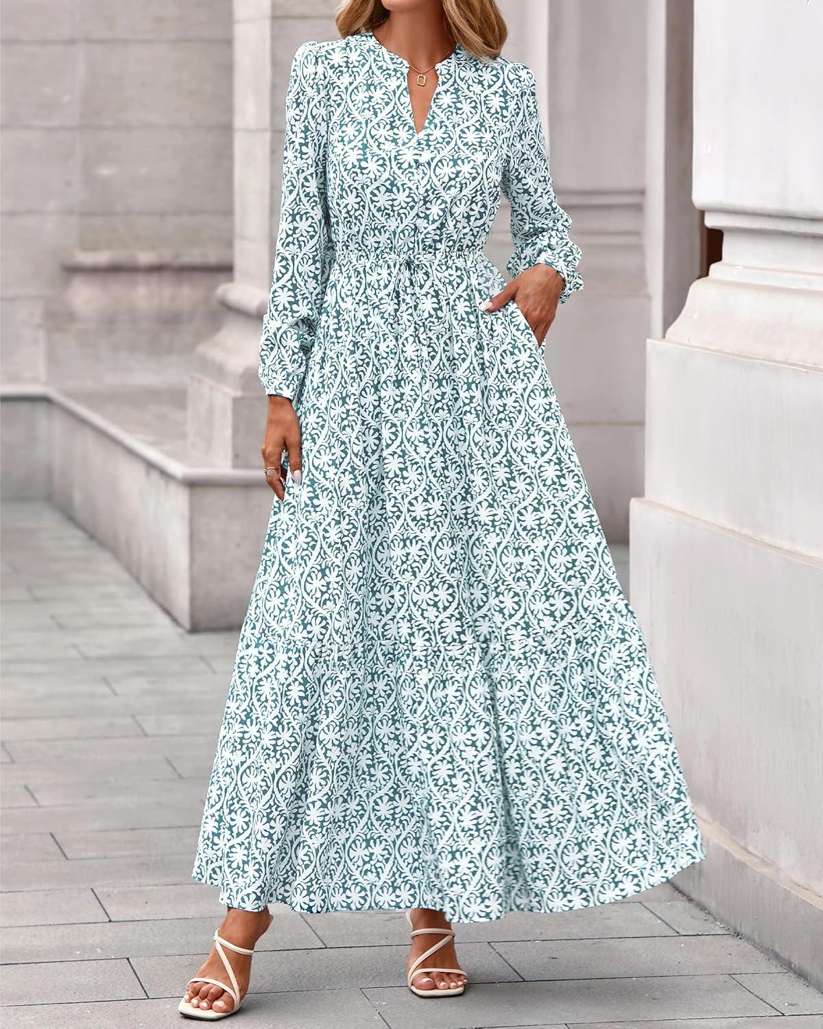 imageBTFBM Womens Fall Dresses 2025 Casual Long Sleeve Boho Floral V Neck Button Down Pockets Flowy Vacation Wedding DressFloral White Green