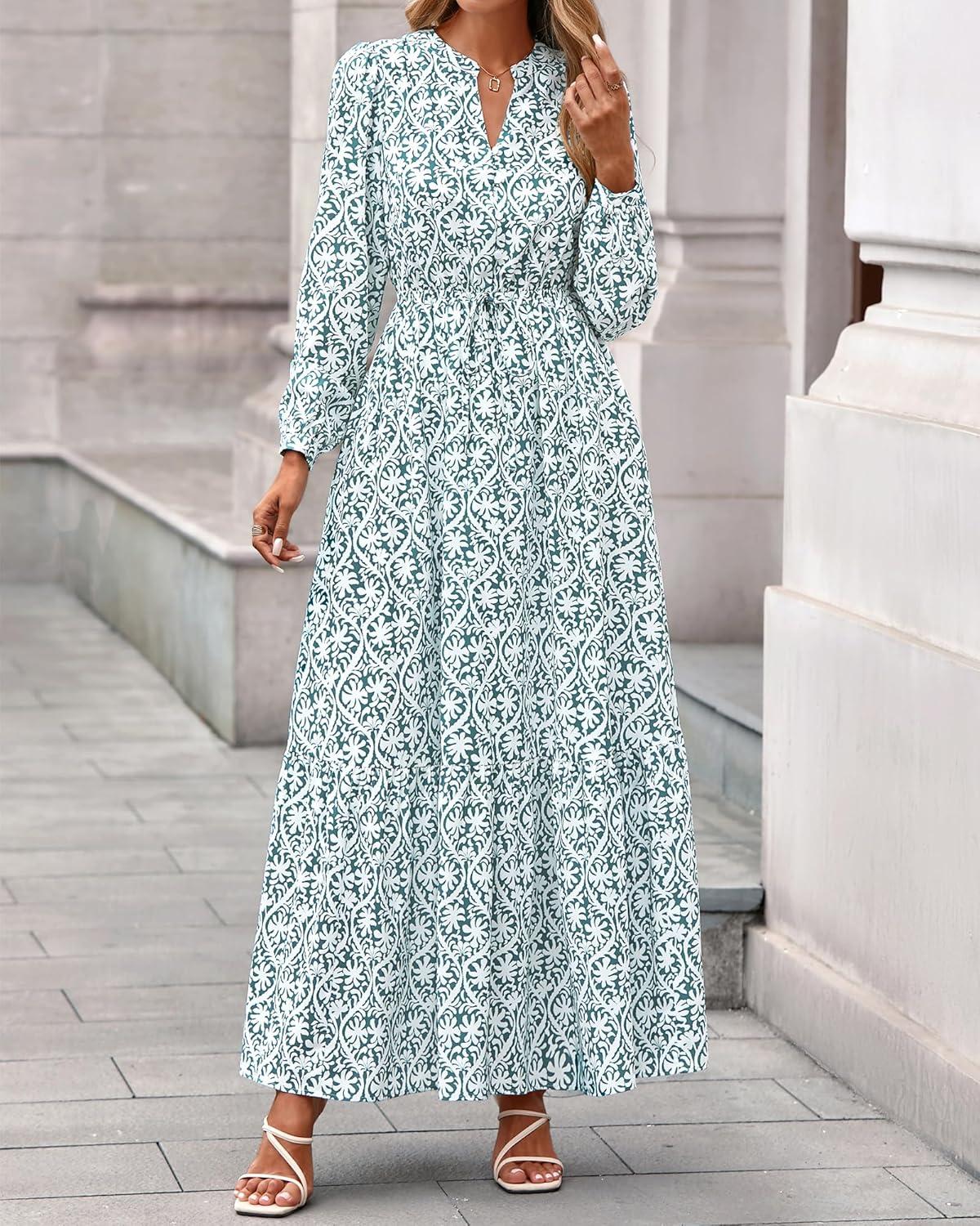 imageBTFBM Womens Fall Dresses 2025 Casual Long Sleeve Boho Floral V Neck Button Down Pockets Flowy Vacation Wedding DressFloral White Green