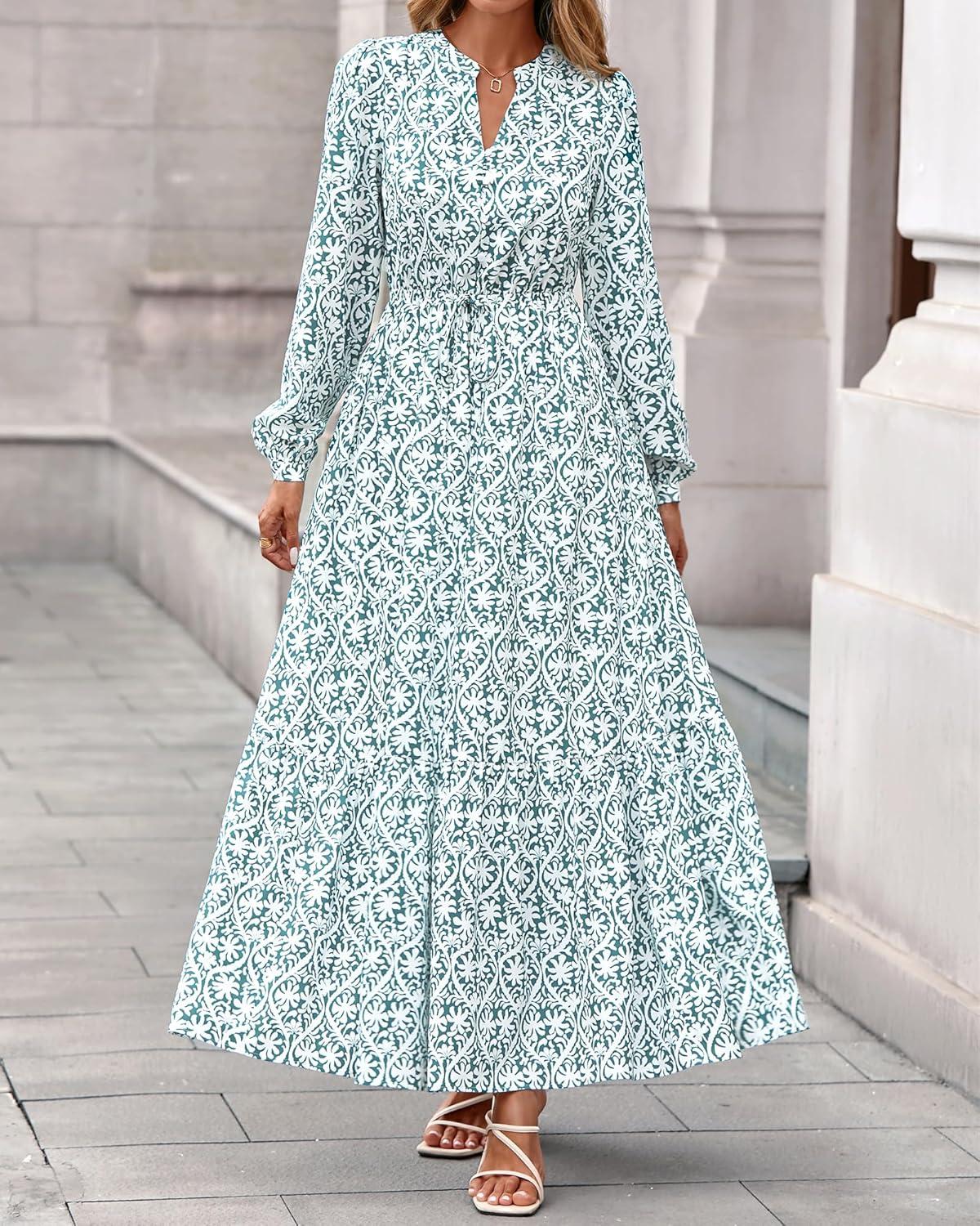 imageBTFBM Womens Fall Dresses 2025 Casual Long Sleeve Boho Floral V Neck Button Down Pockets Flowy Vacation Wedding DressFloral White Green
