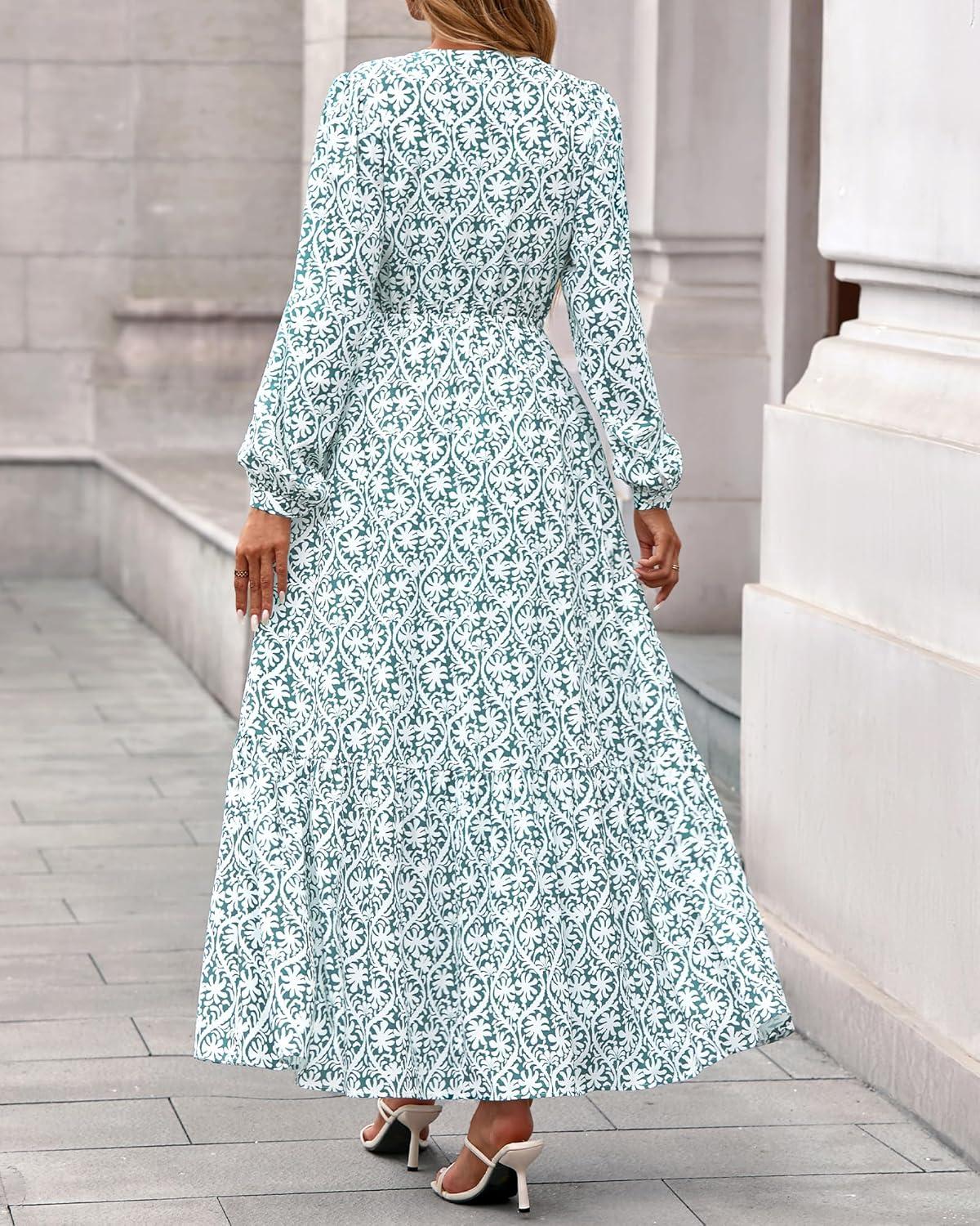imageBTFBM Womens Fall Dresses 2025 Casual Long Sleeve Boho Floral V Neck Button Down Pockets Flowy Vacation Wedding DressFloral White Green