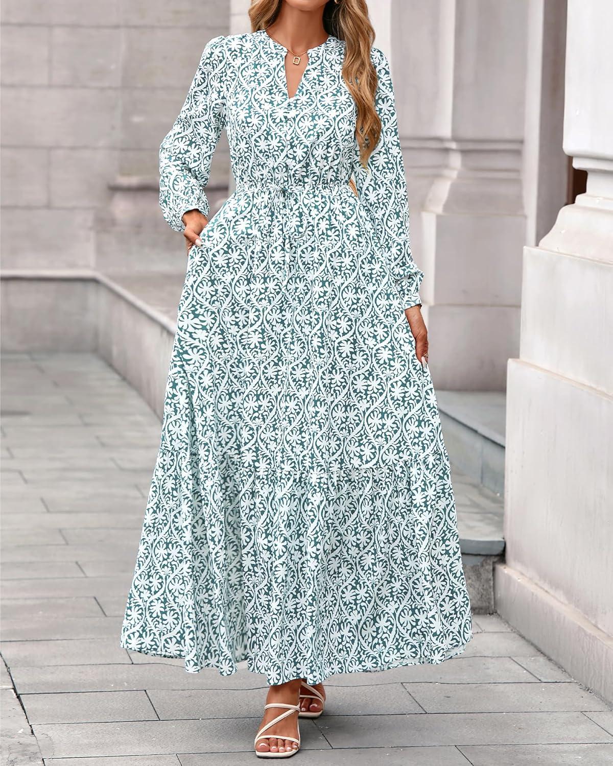 imageBTFBM Womens Fall Dresses 2025 Casual Long Sleeve Boho Floral V Neck Button Down Pockets Flowy Vacation Wedding DressFloral White Green