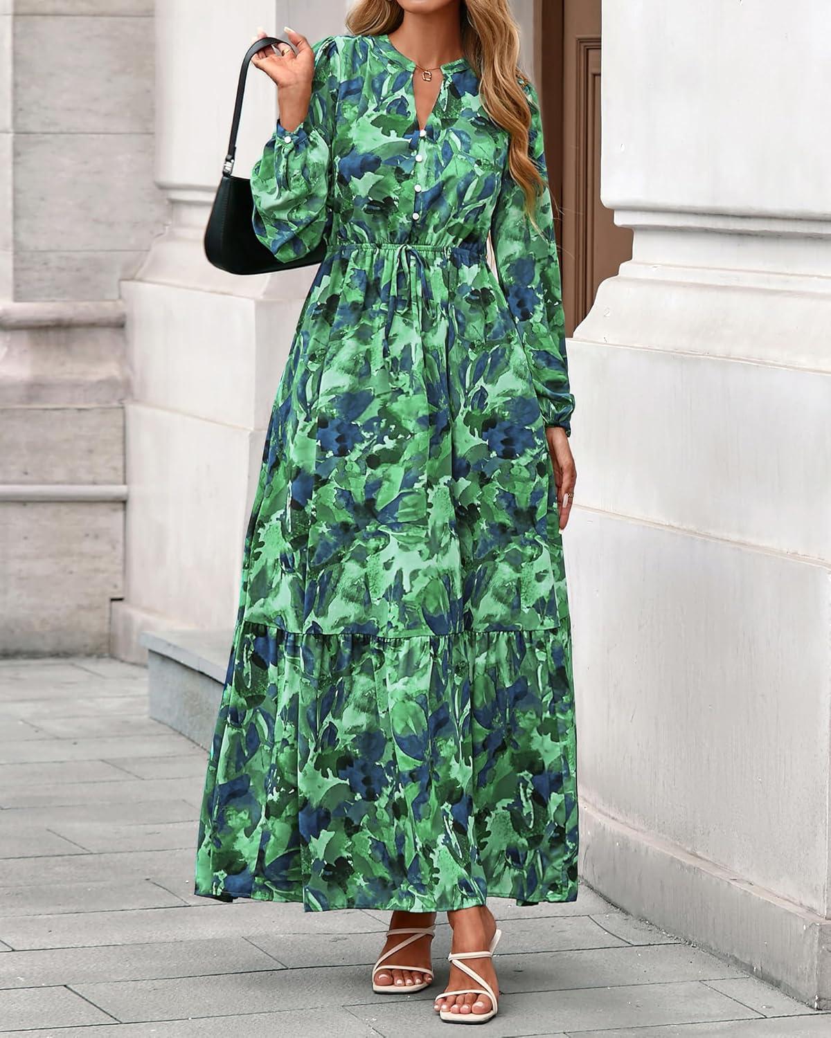imageBTFBM Womens Fall Dresses 2025 Casual Long Sleeve Boho Floral V Neck Button Down Pockets Flowy Vacation Wedding DressGreen
