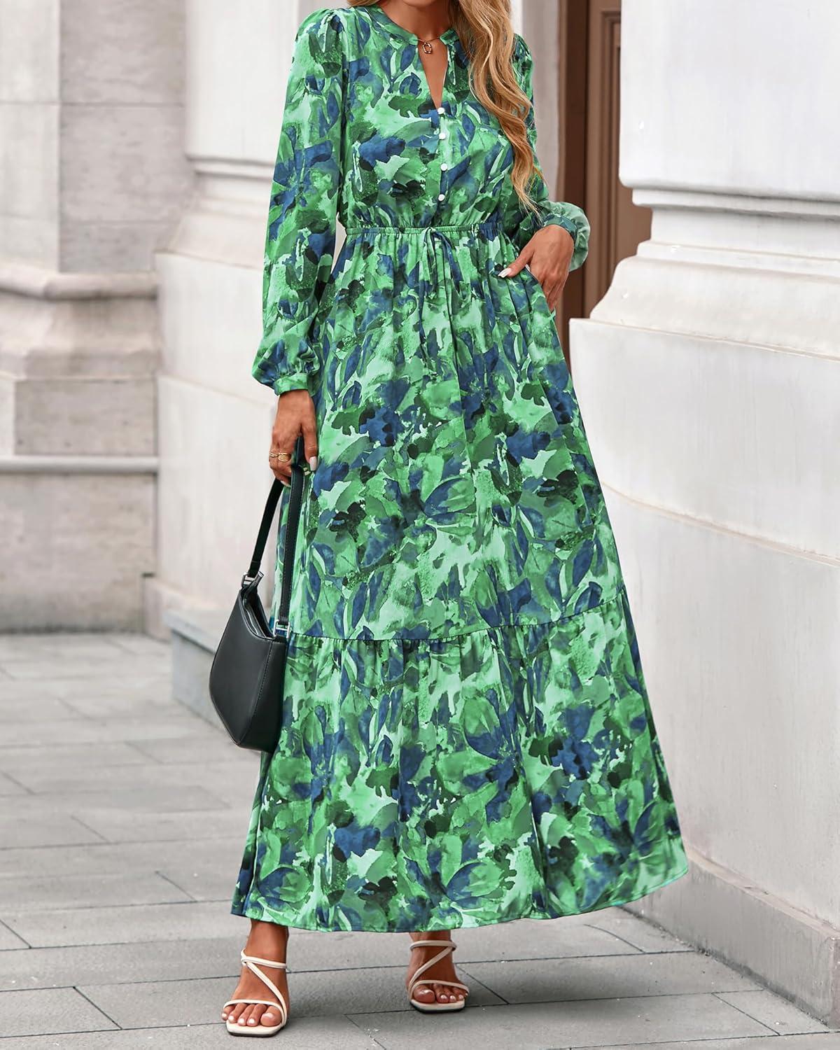imageBTFBM Womens Fall Dresses 2025 Casual Long Sleeve Boho Floral V Neck Button Down Pockets Flowy Vacation Wedding DressGreen