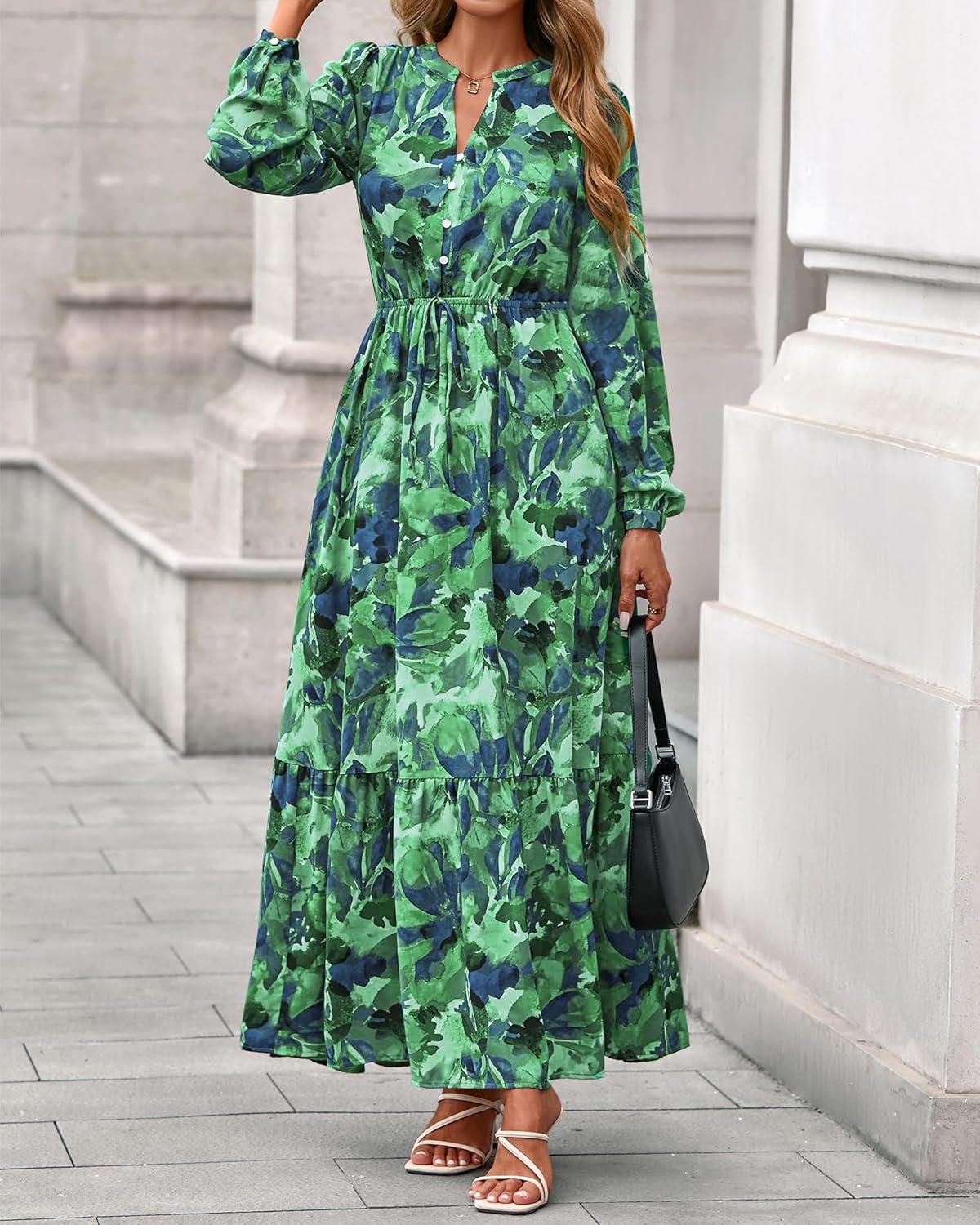 imageBTFBM Womens Fall Dresses 2025 Casual Long Sleeve Boho Floral V Neck Button Down Pockets Flowy Vacation Wedding DressGreen