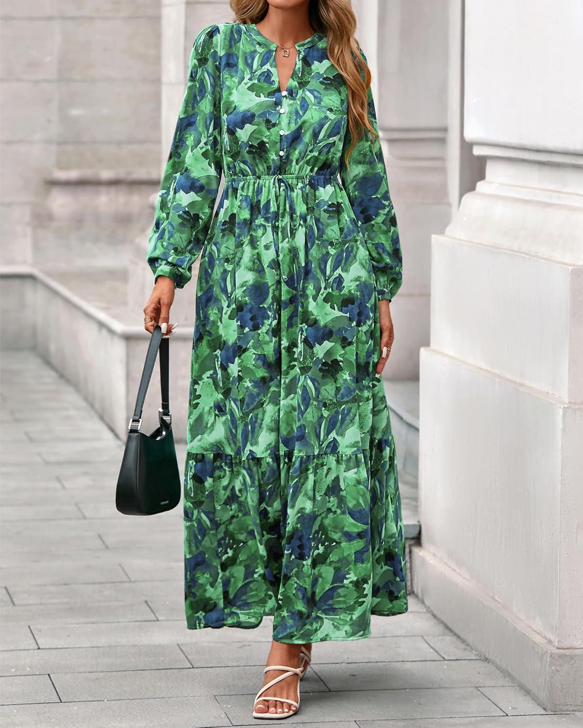 imageBTFBM Womens Fall Dresses 2025 Casual Long Sleeve Boho Floral V Neck Button Down Pockets Flowy Vacation Wedding DressGreen