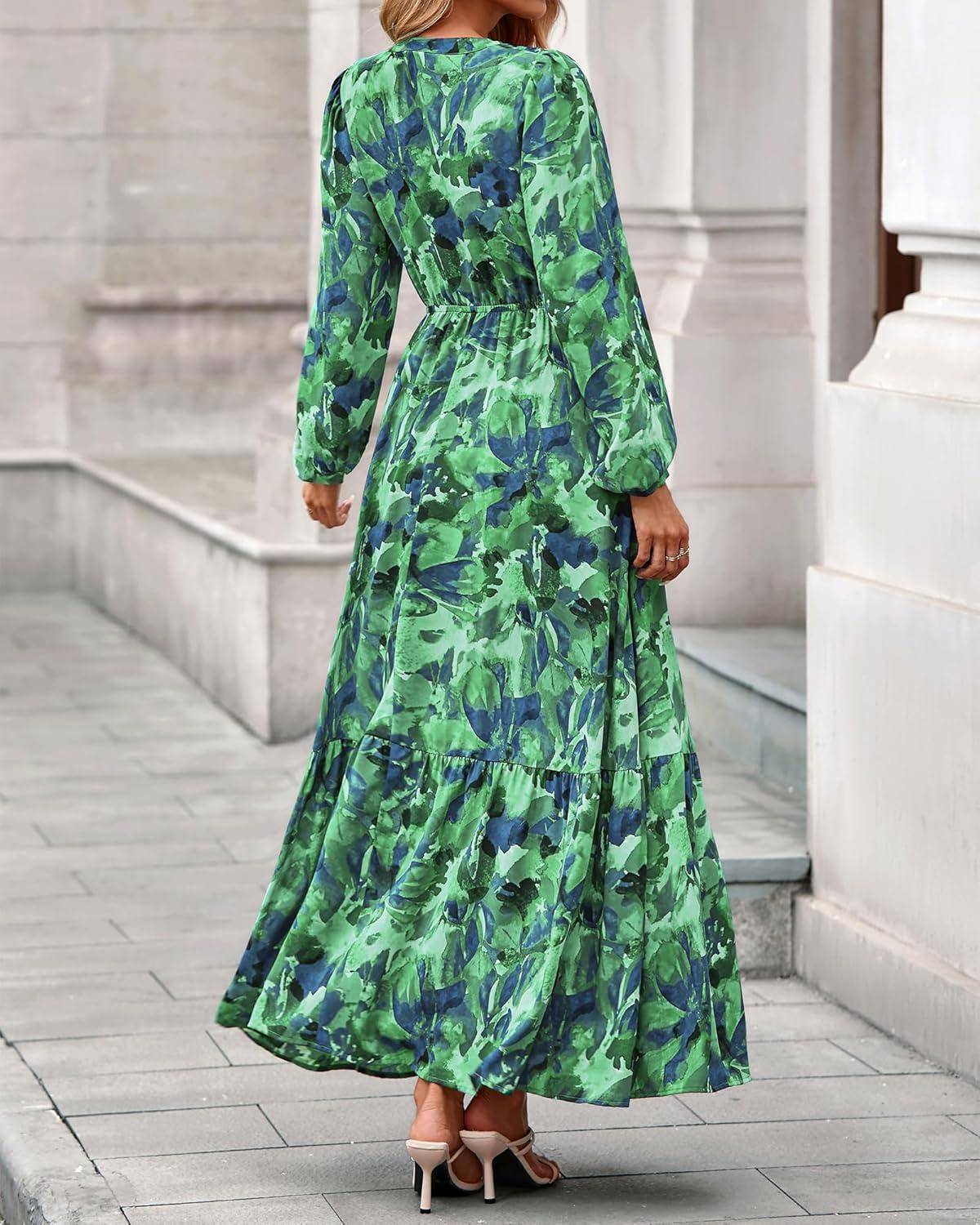 imageBTFBM Womens Fall Dresses 2025 Casual Long Sleeve Boho Floral V Neck Button Down Pockets Flowy Vacation Wedding DressGreen