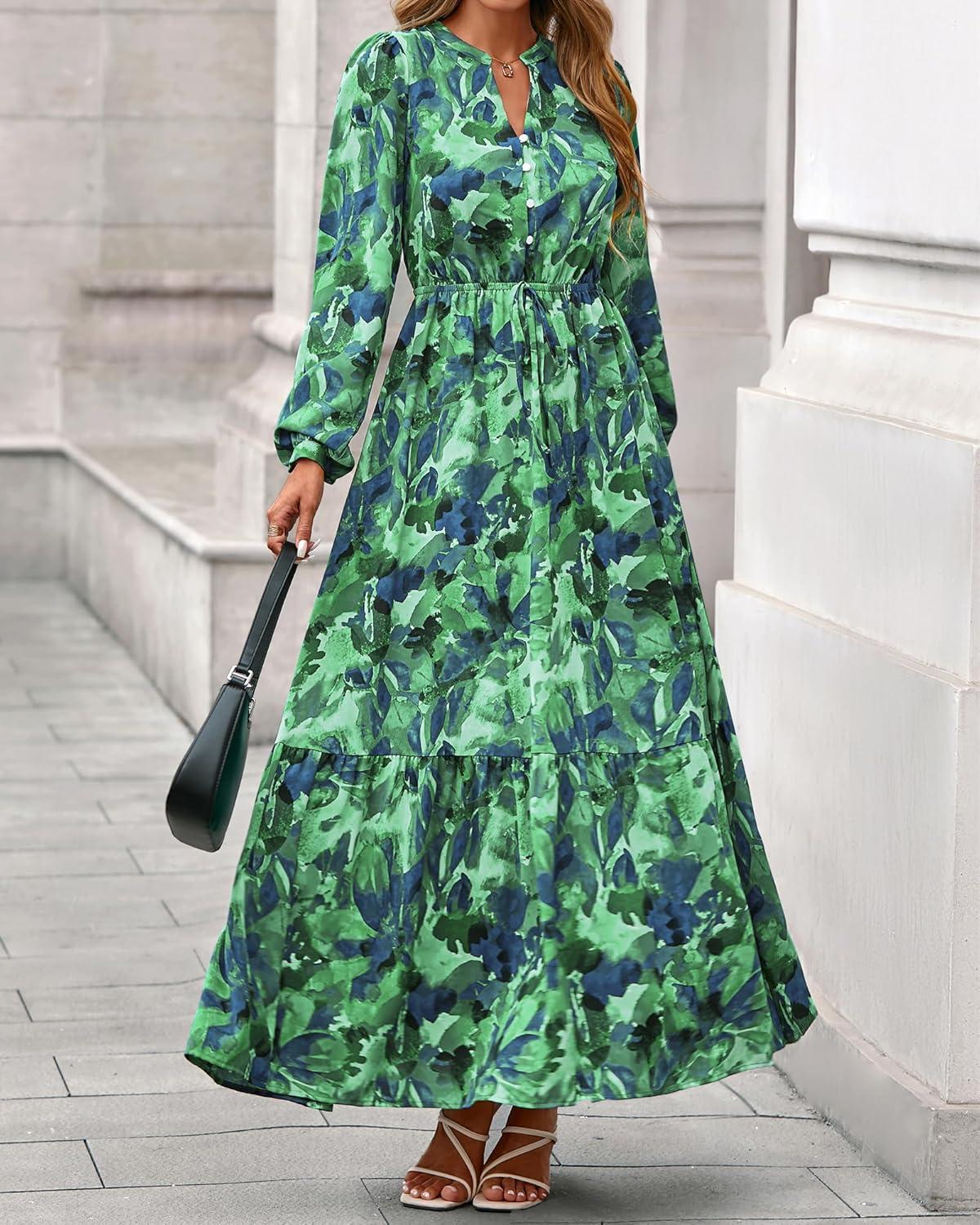 imageBTFBM Womens Fall Dresses 2025 Casual Long Sleeve Boho Floral V Neck Button Down Pockets Flowy Vacation Wedding DressGreen