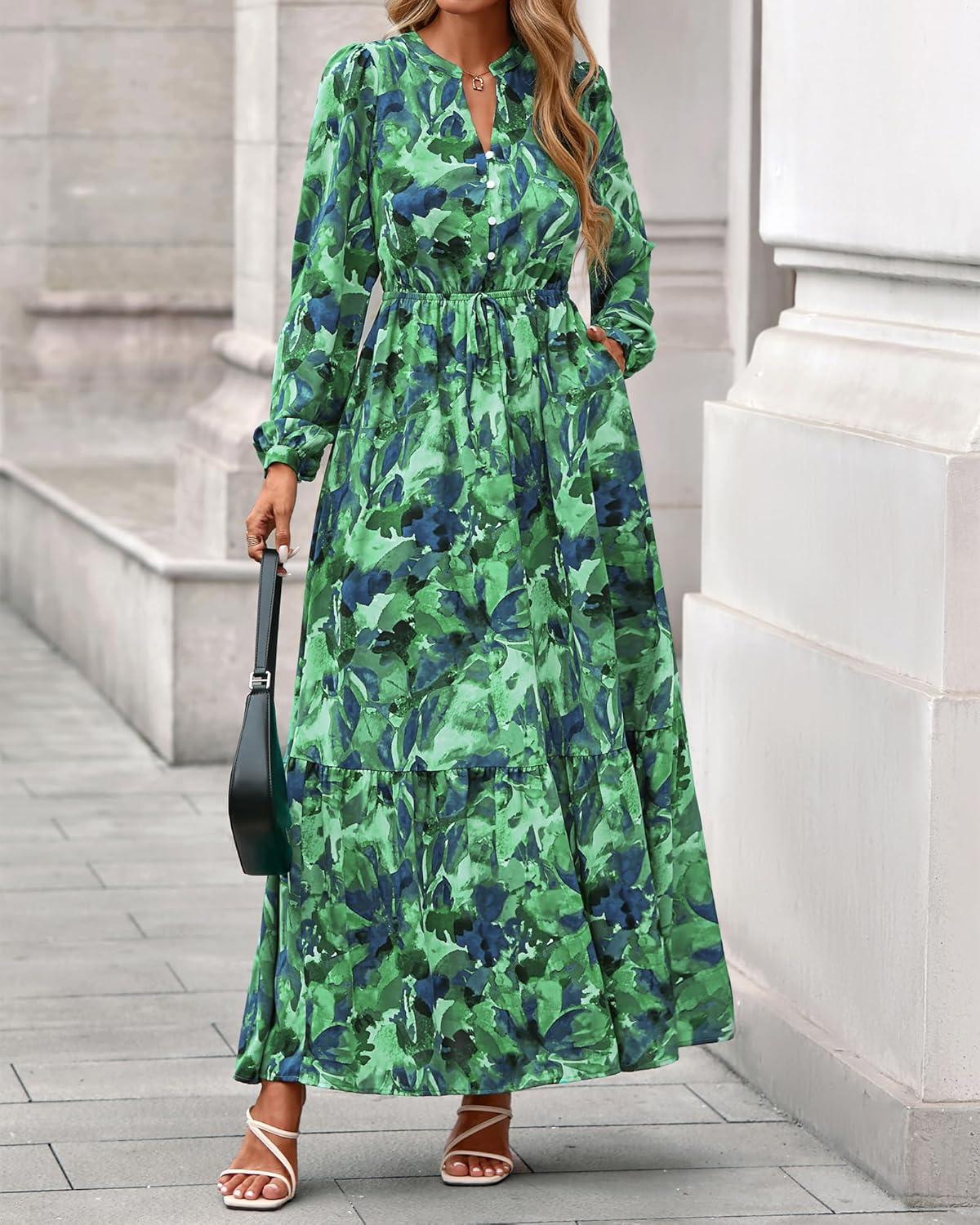 imageBTFBM Womens Fall Dresses 2025 Casual Long Sleeve Boho Floral V Neck Button Down Pockets Flowy Vacation Wedding DressGreen