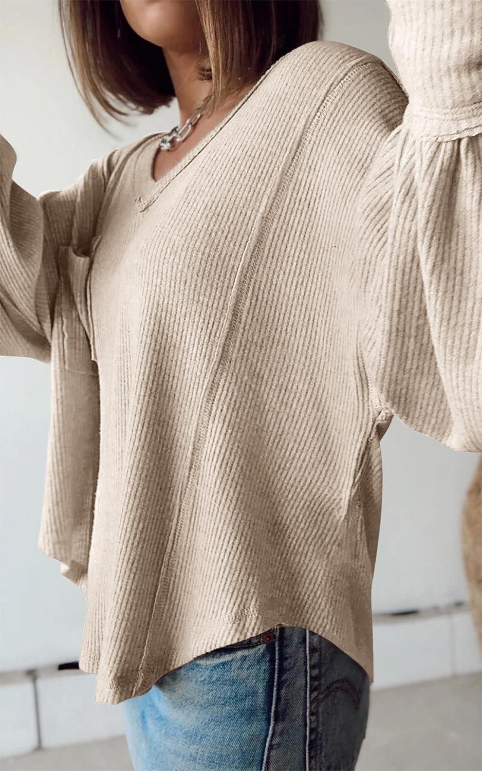 imageBTFBM Womens Fall Fashion 2025 Long Sleeve Shirts Casual V Neck Ribbed Knit Blouses Pullover Trendy Loose Fit Tunic TopsApricot
