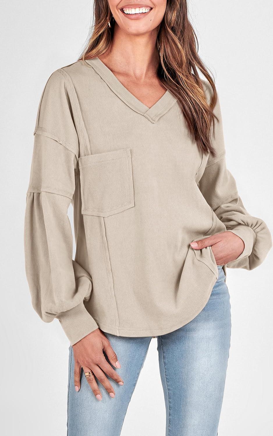 imageBTFBM Womens Fall Fashion 2025 Long Sleeve Shirts Casual V Neck Ribbed Knit Blouses Pullover Trendy Loose Fit Tunic TopsApricot