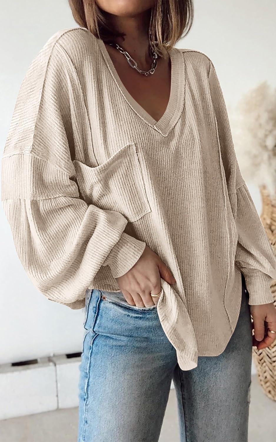 imageBTFBM Womens Fall Fashion 2025 Long Sleeve Shirts Casual V Neck Ribbed Knit Blouses Pullover Trendy Loose Fit Tunic TopsApricot
