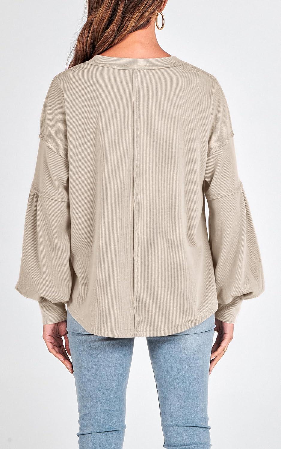 imageBTFBM Womens Fall Fashion 2025 Long Sleeve Shirts Casual V Neck Ribbed Knit Blouses Pullover Trendy Loose Fit Tunic TopsApricot