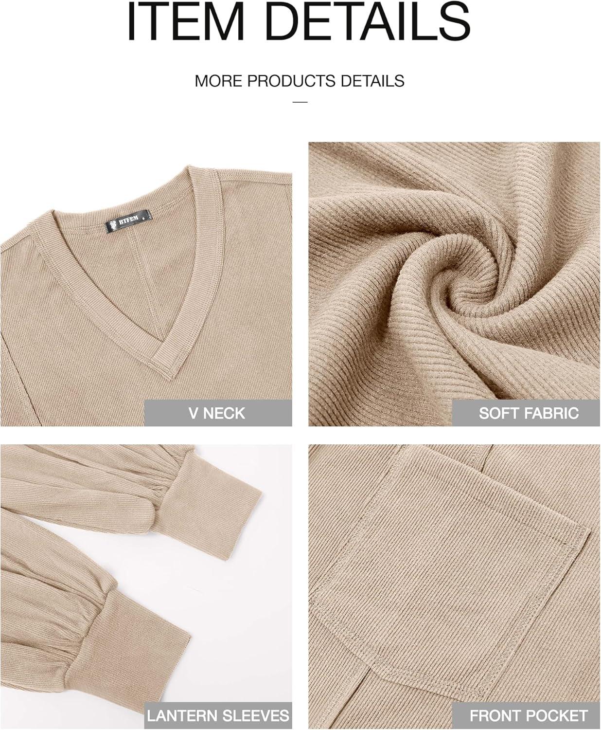 imageBTFBM Womens Fall Fashion 2025 Long Sleeve Shirts Casual V Neck Ribbed Knit Blouses Pullover Trendy Loose Fit Tunic TopsApricot