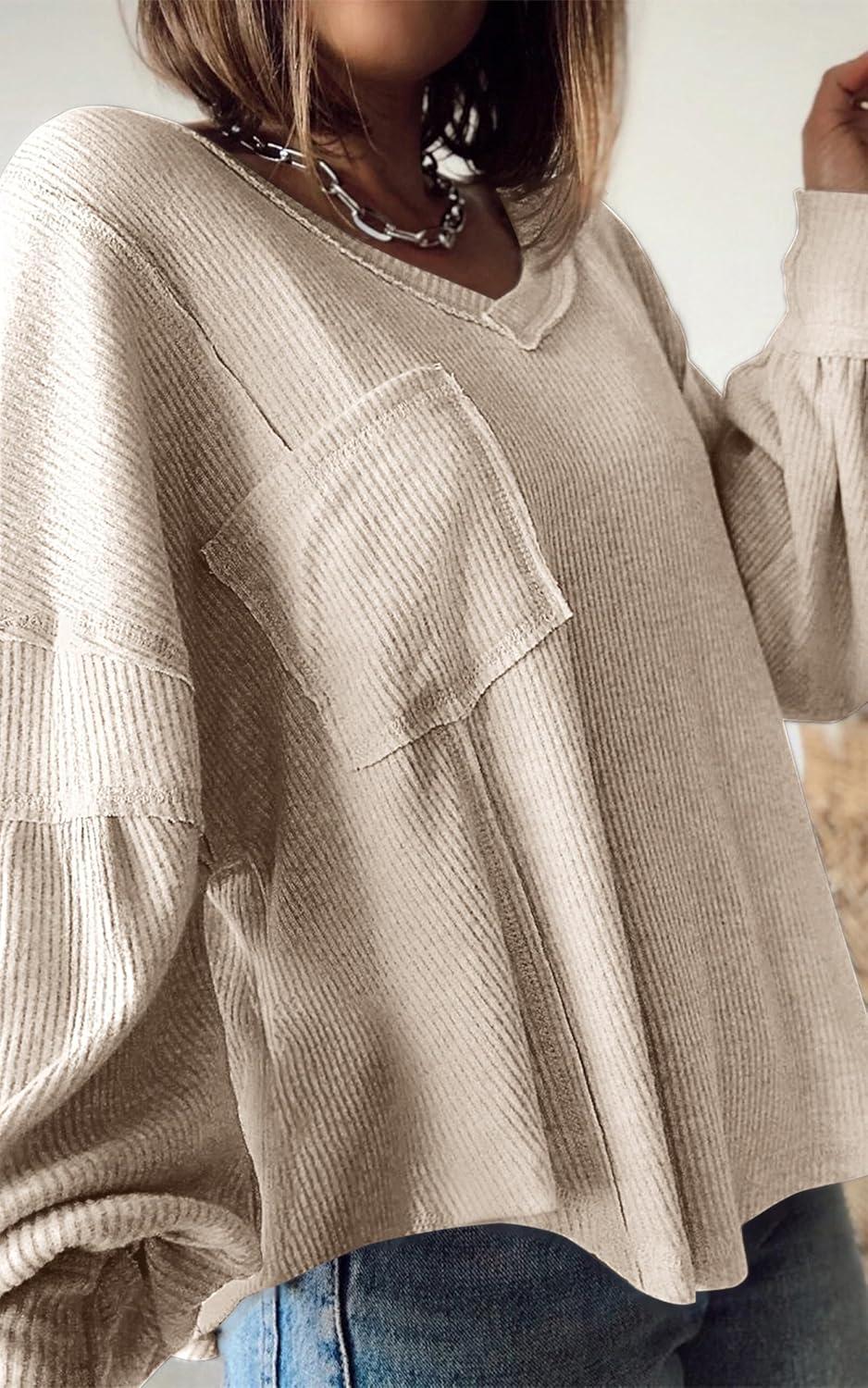 imageBTFBM Womens Fall Fashion 2025 Long Sleeve Shirts Casual V Neck Ribbed Knit Blouses Pullover Trendy Loose Fit Tunic TopsApricot