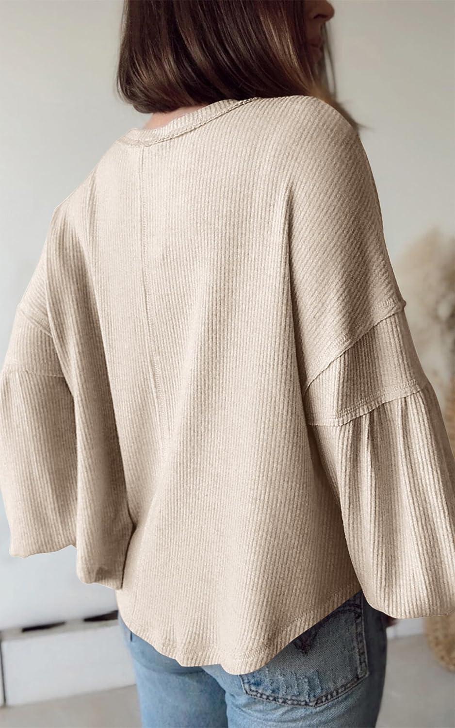 imageBTFBM Womens Fall Fashion 2025 Long Sleeve Shirts Casual V Neck Ribbed Knit Blouses Pullover Trendy Loose Fit Tunic TopsApricot