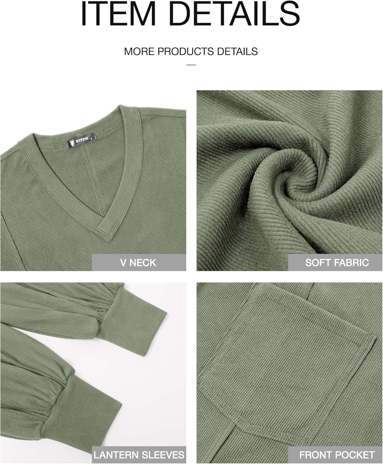 imageBTFBM Womens Fall Fashion 2025 Long Sleeve Shirts Casual V Neck Ribbed Knit Blouses Pullover Trendy Loose Fit Tunic TopsBean Green