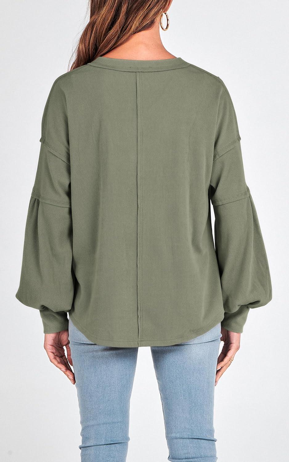 imageBTFBM Womens Fall Fashion 2025 Long Sleeve Shirts Casual V Neck Ribbed Knit Blouses Pullover Trendy Loose Fit Tunic TopsBean Green