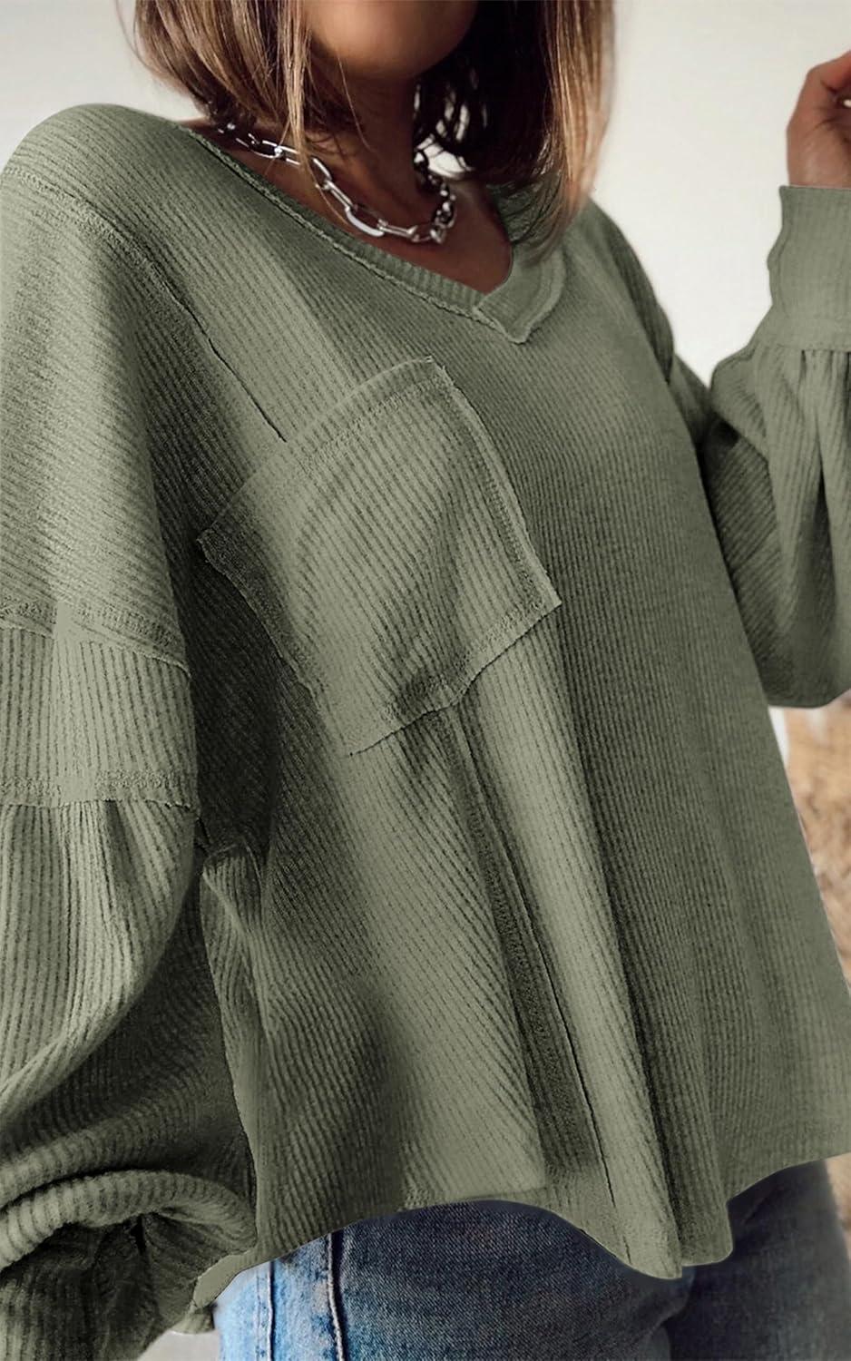 imageBTFBM Womens Fall Fashion 2025 Long Sleeve Shirts Casual V Neck Ribbed Knit Blouses Pullover Trendy Loose Fit Tunic TopsBean Green