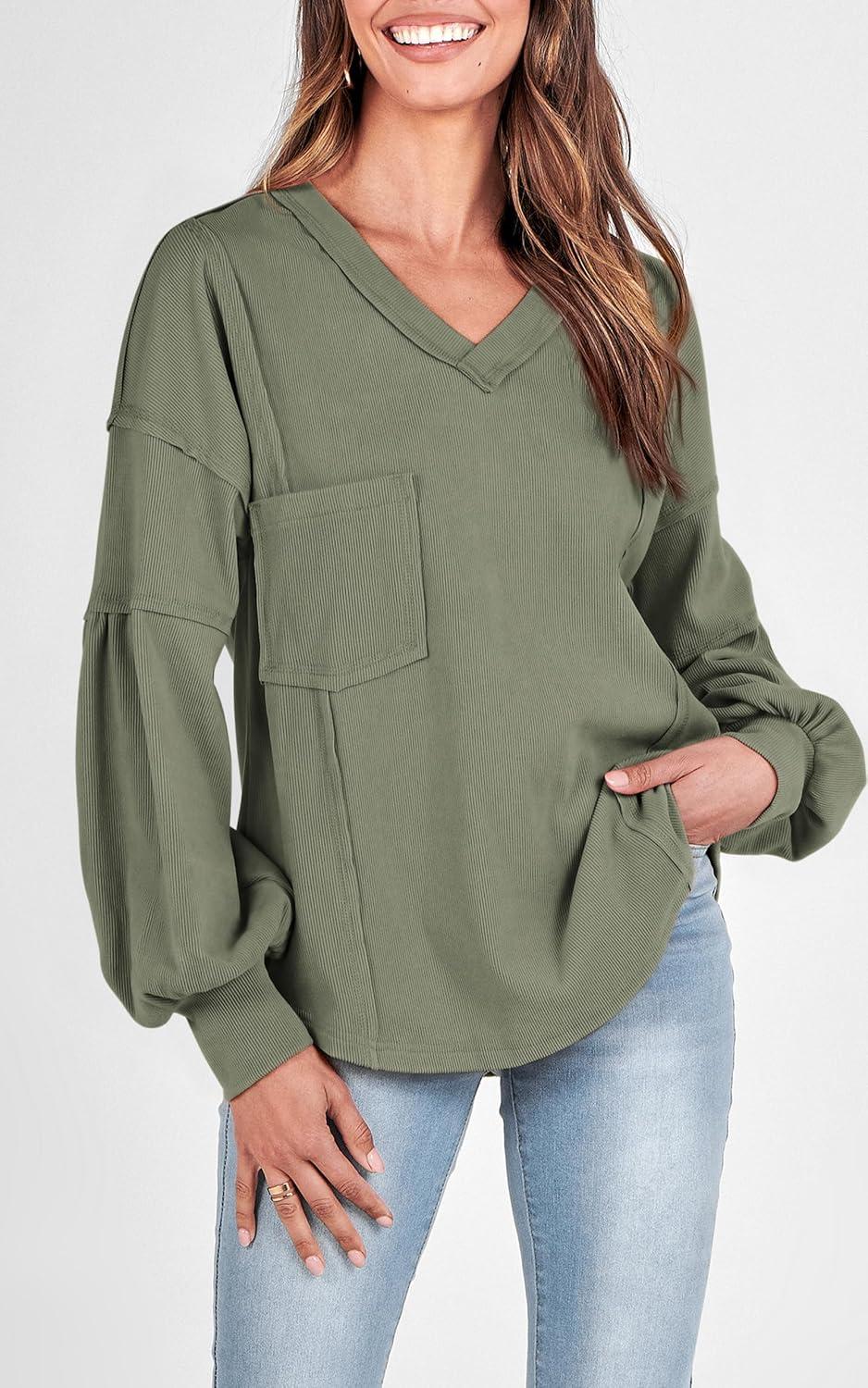 imageBTFBM Womens Fall Fashion 2025 Long Sleeve Shirts Casual V Neck Ribbed Knit Blouses Pullover Trendy Loose Fit Tunic TopsBean Green
