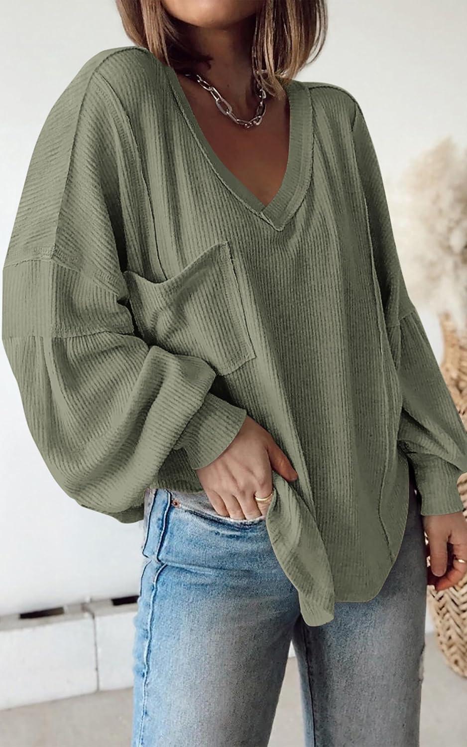 imageBTFBM Womens Fall Fashion 2025 Long Sleeve Shirts Casual V Neck Ribbed Knit Blouses Pullover Trendy Loose Fit Tunic TopsBean Green