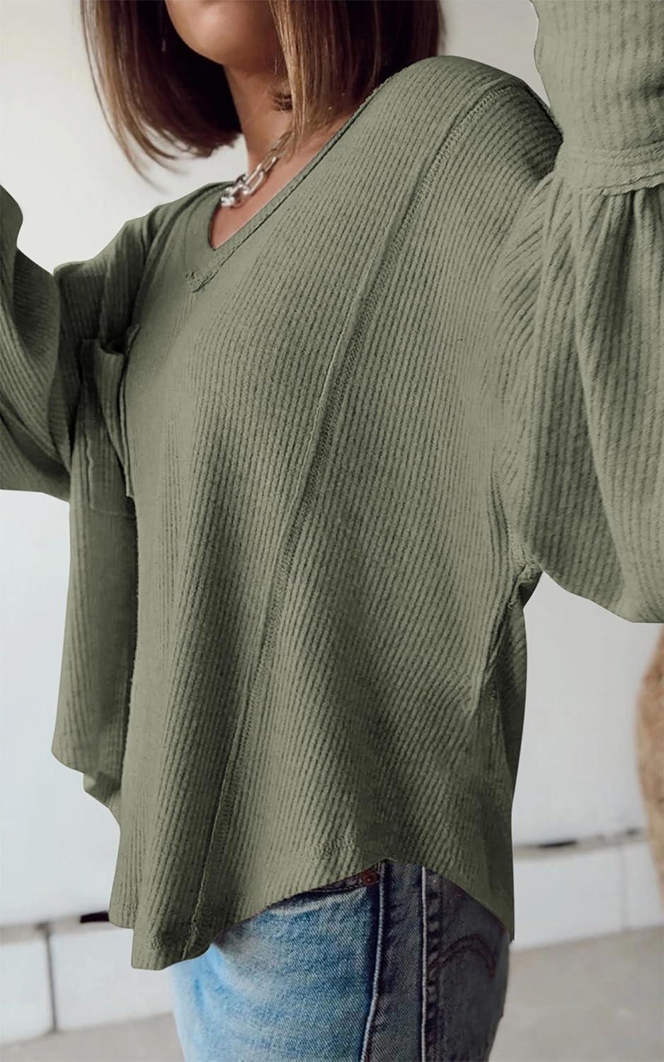 imageBTFBM Womens Fall Fashion 2025 Long Sleeve Shirts Casual V Neck Ribbed Knit Blouses Pullover Trendy Loose Fit Tunic TopsBean Green