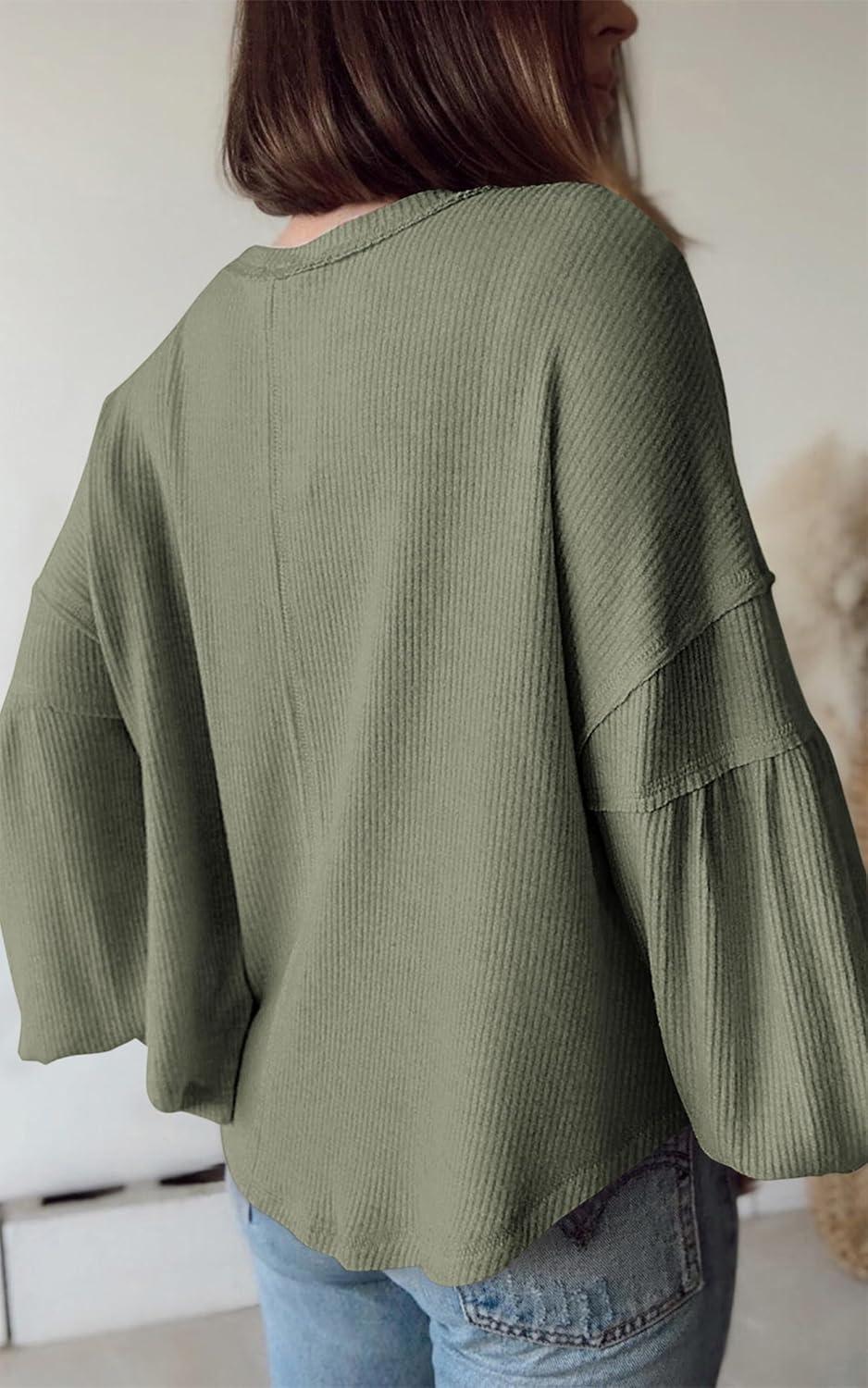 imageBTFBM Womens Fall Fashion 2025 Long Sleeve Shirts Casual V Neck Ribbed Knit Blouses Pullover Trendy Loose Fit Tunic TopsBean Green