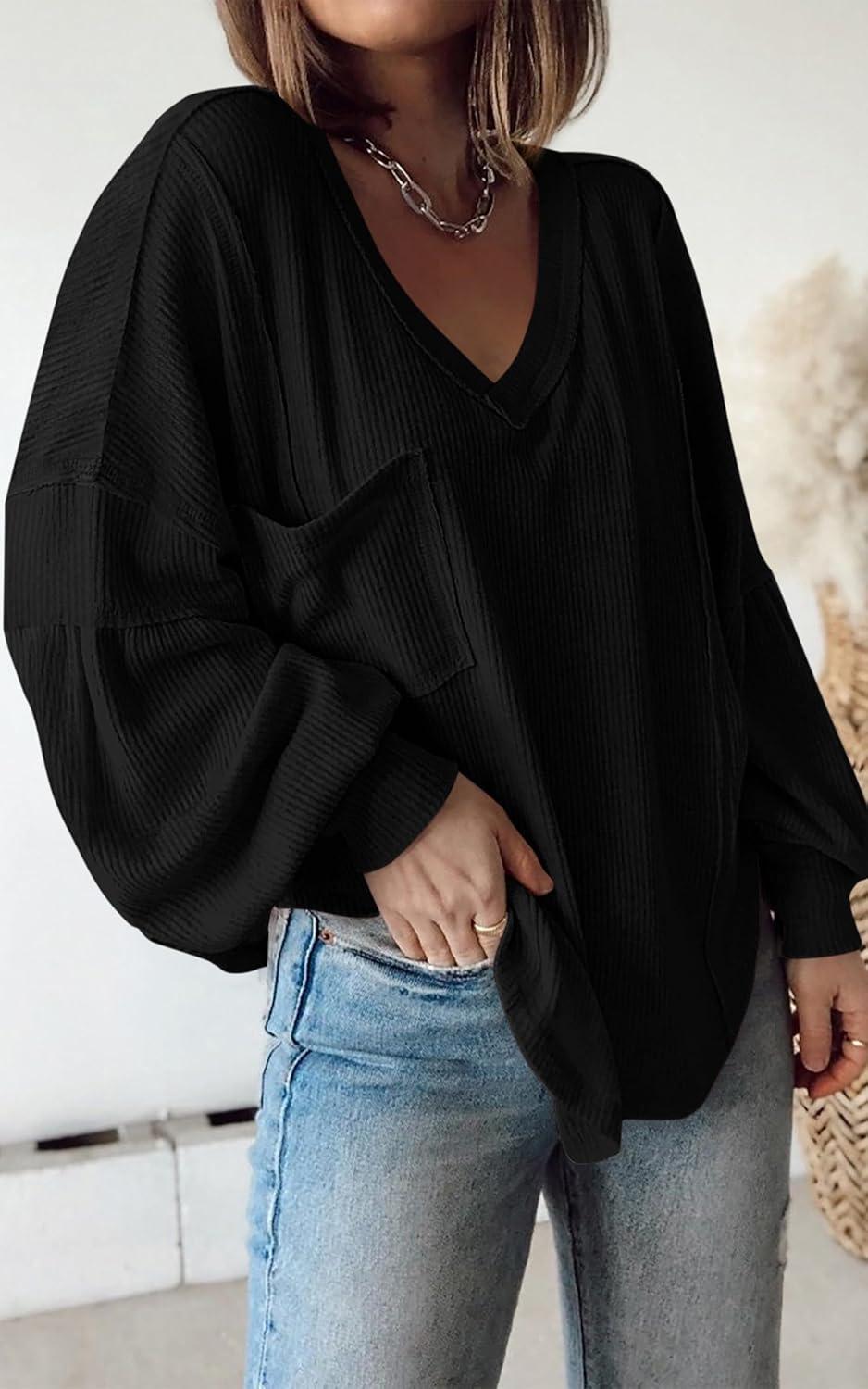 imageBTFBM Womens Fall Fashion 2025 Long Sleeve Shirts Casual V Neck Ribbed Knit Blouses Pullover Trendy Loose Fit Tunic TopsBlack
