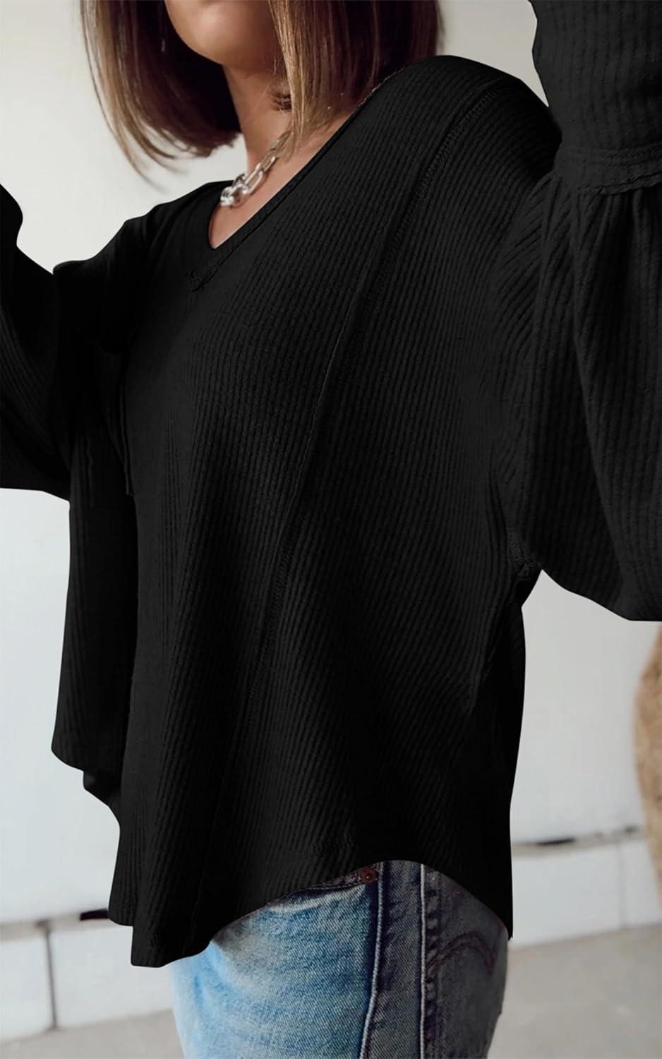 imageBTFBM Womens Fall Fashion 2025 Long Sleeve Shirts Casual V Neck Ribbed Knit Blouses Pullover Trendy Loose Fit Tunic TopsBlack