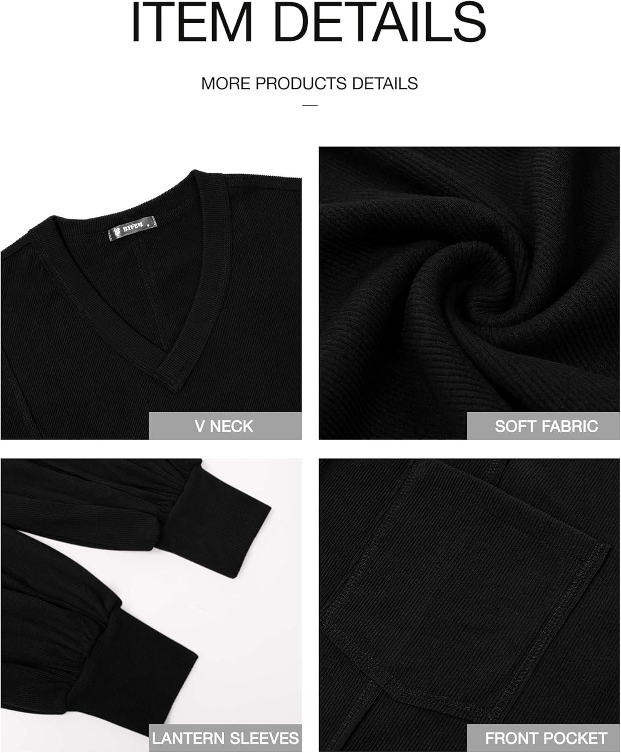 imageBTFBM Womens Fall Fashion 2025 Long Sleeve Shirts Casual V Neck Ribbed Knit Blouses Pullover Trendy Loose Fit Tunic TopsBlack