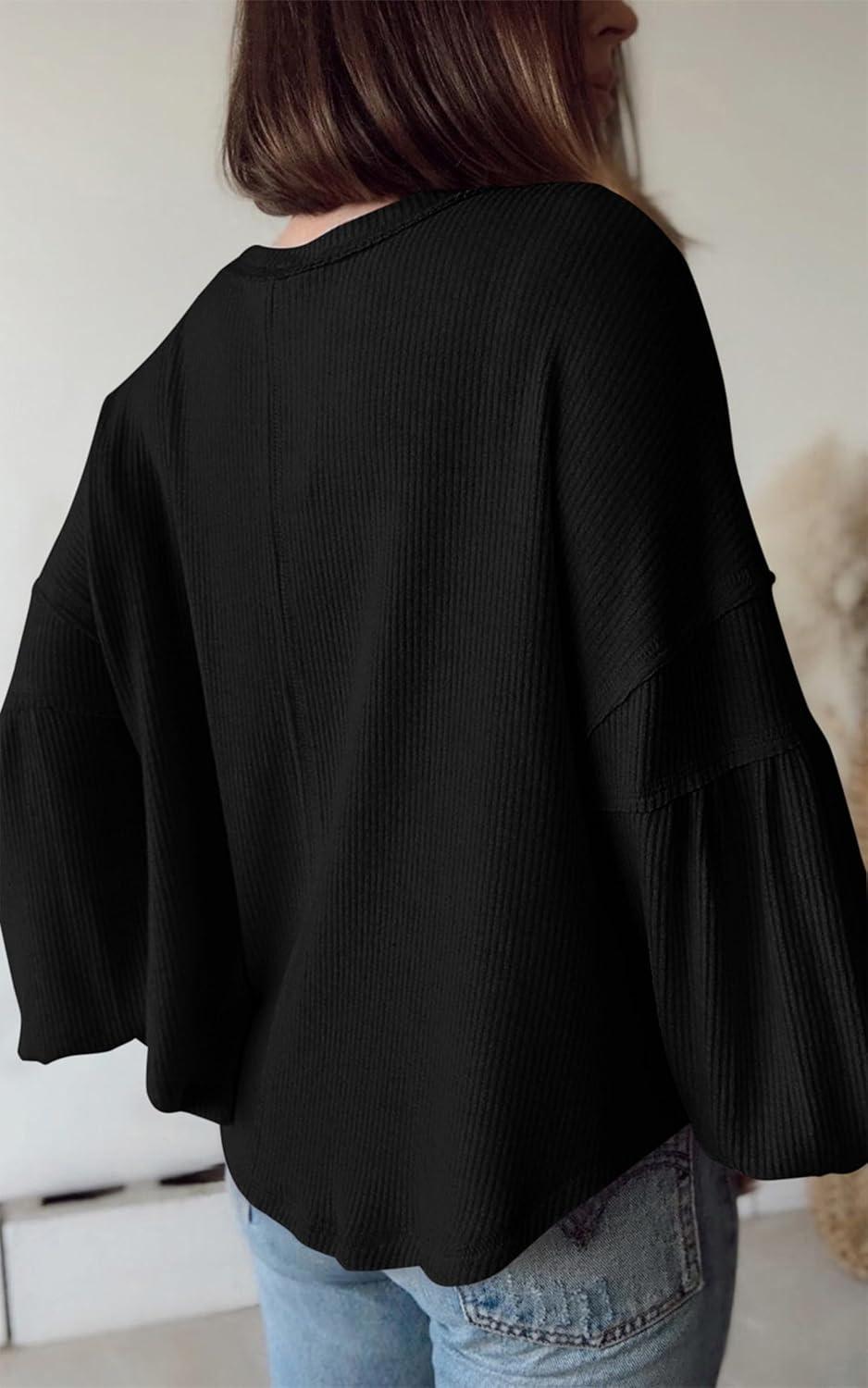 imageBTFBM Womens Fall Fashion 2025 Long Sleeve Shirts Casual V Neck Ribbed Knit Blouses Pullover Trendy Loose Fit Tunic TopsBlack