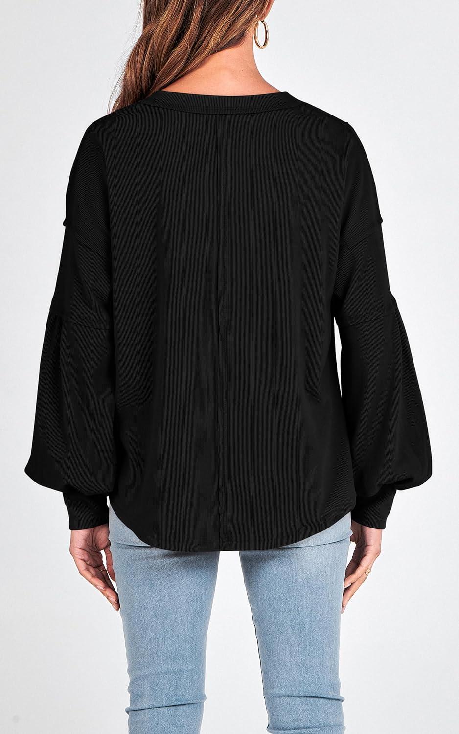 imageBTFBM Womens Fall Fashion 2025 Long Sleeve Shirts Casual V Neck Ribbed Knit Blouses Pullover Trendy Loose Fit Tunic TopsBlack