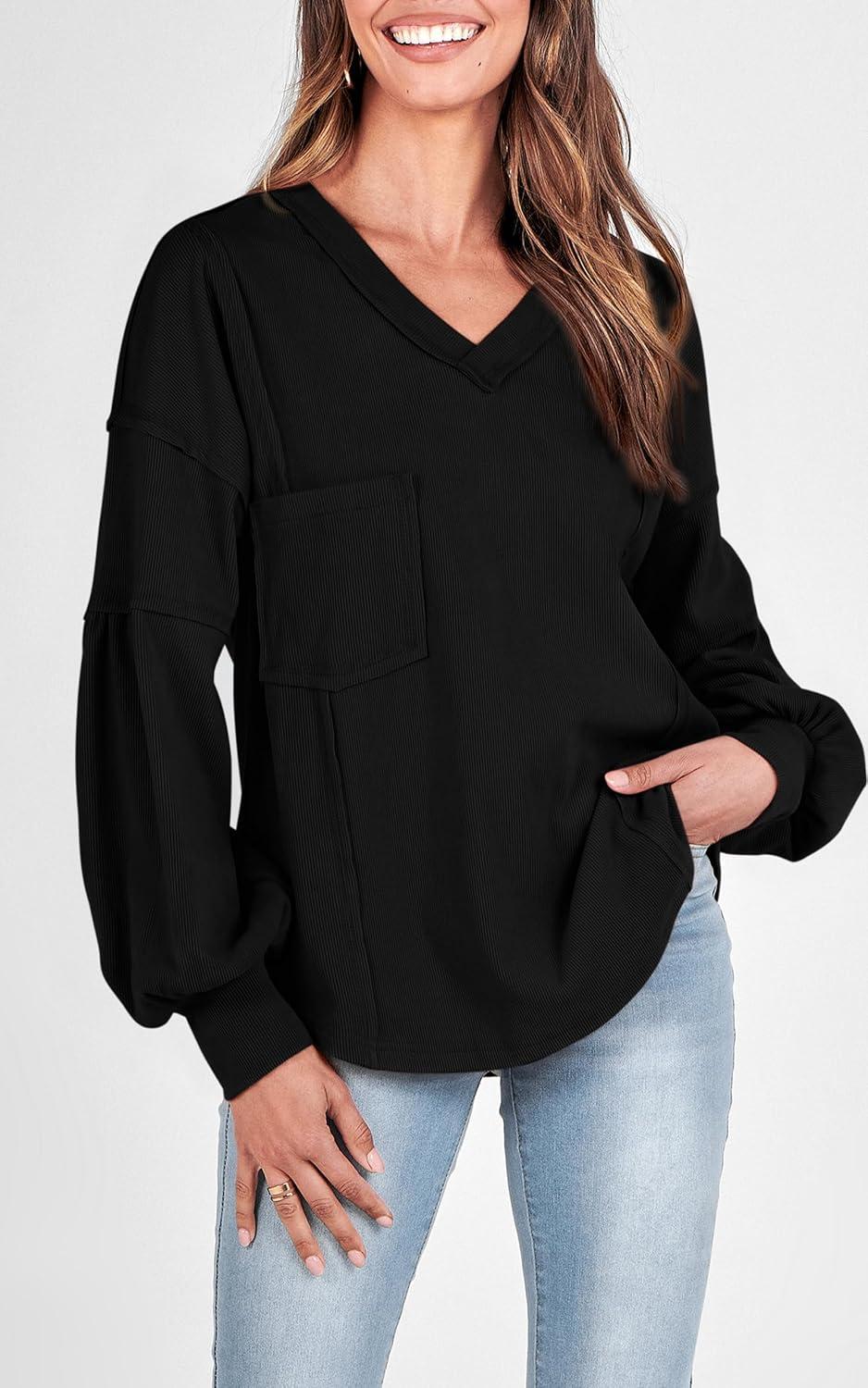 imageBTFBM Womens Fall Fashion 2025 Long Sleeve Shirts Casual V Neck Ribbed Knit Blouses Pullover Trendy Loose Fit Tunic TopsBlack