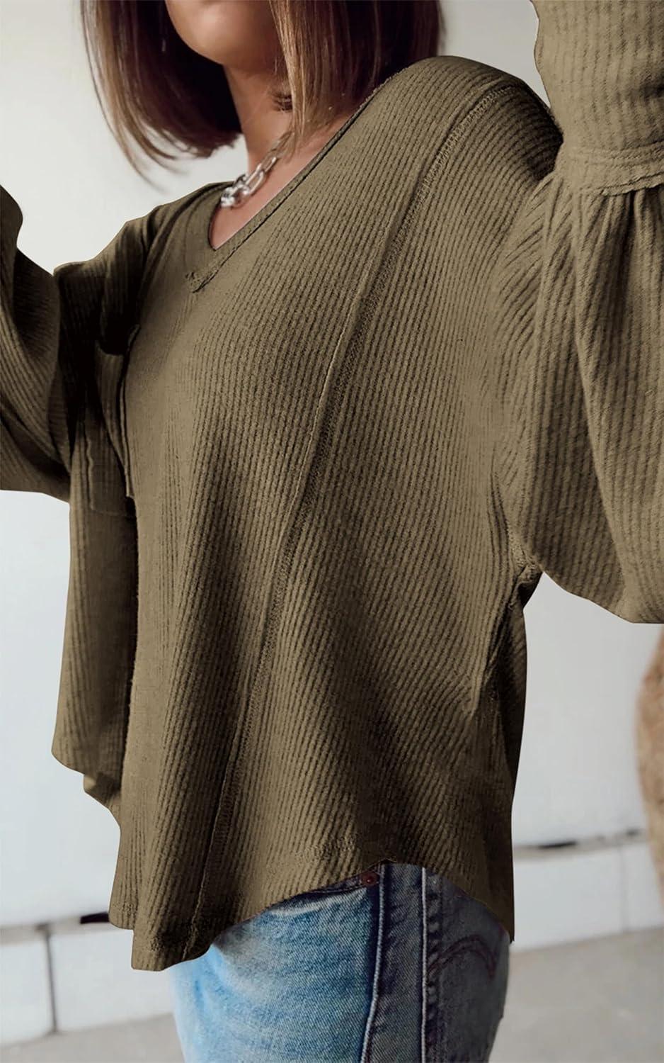 imageBTFBM Womens Fall Fashion 2025 Long Sleeve Shirts Casual V Neck Ribbed Knit Blouses Pullover Trendy Loose Fit Tunic TopsSolid Army Green