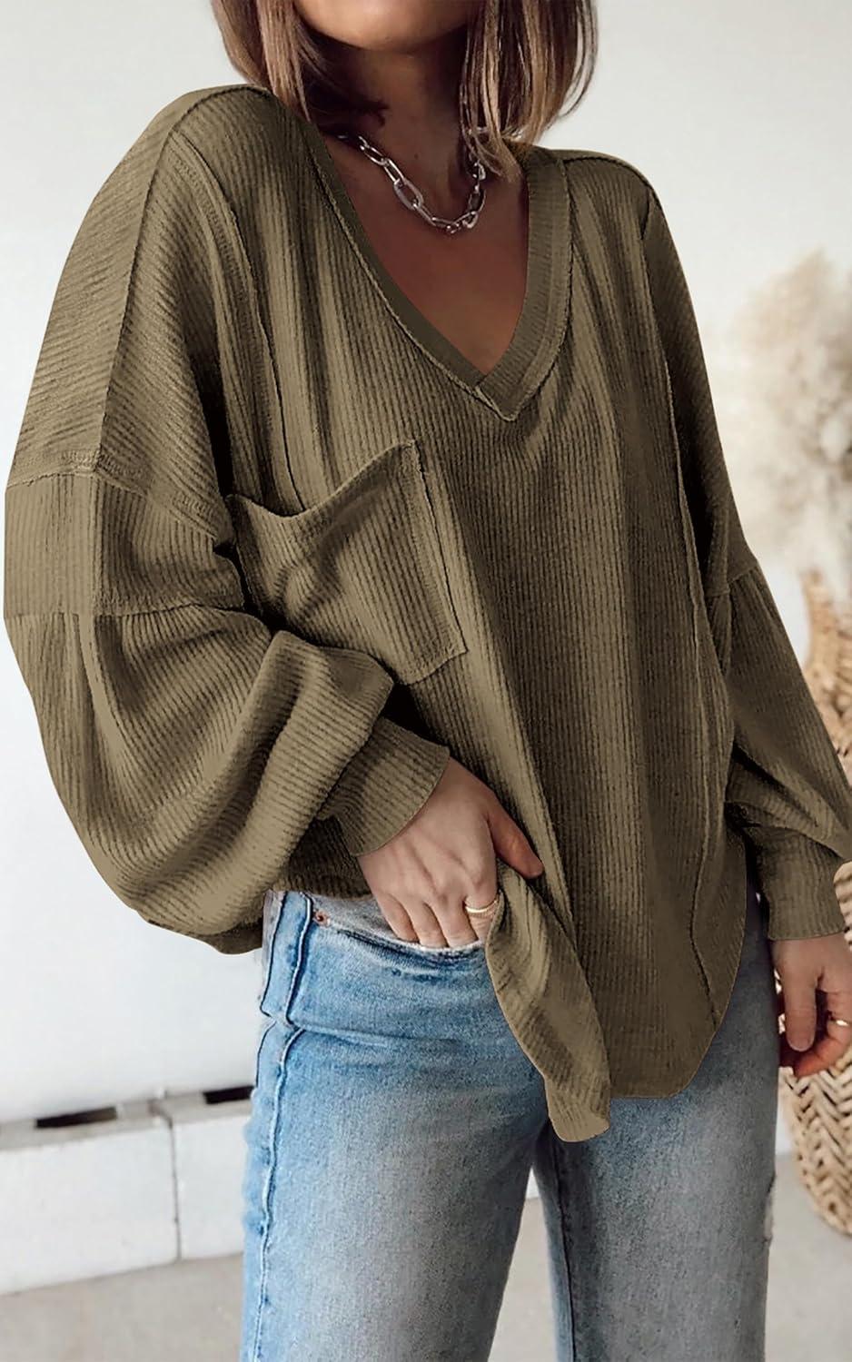 imageBTFBM Womens Fall Fashion 2025 Long Sleeve Shirts Casual V Neck Ribbed Knit Blouses Pullover Trendy Loose Fit Tunic TopsSolid Army Green