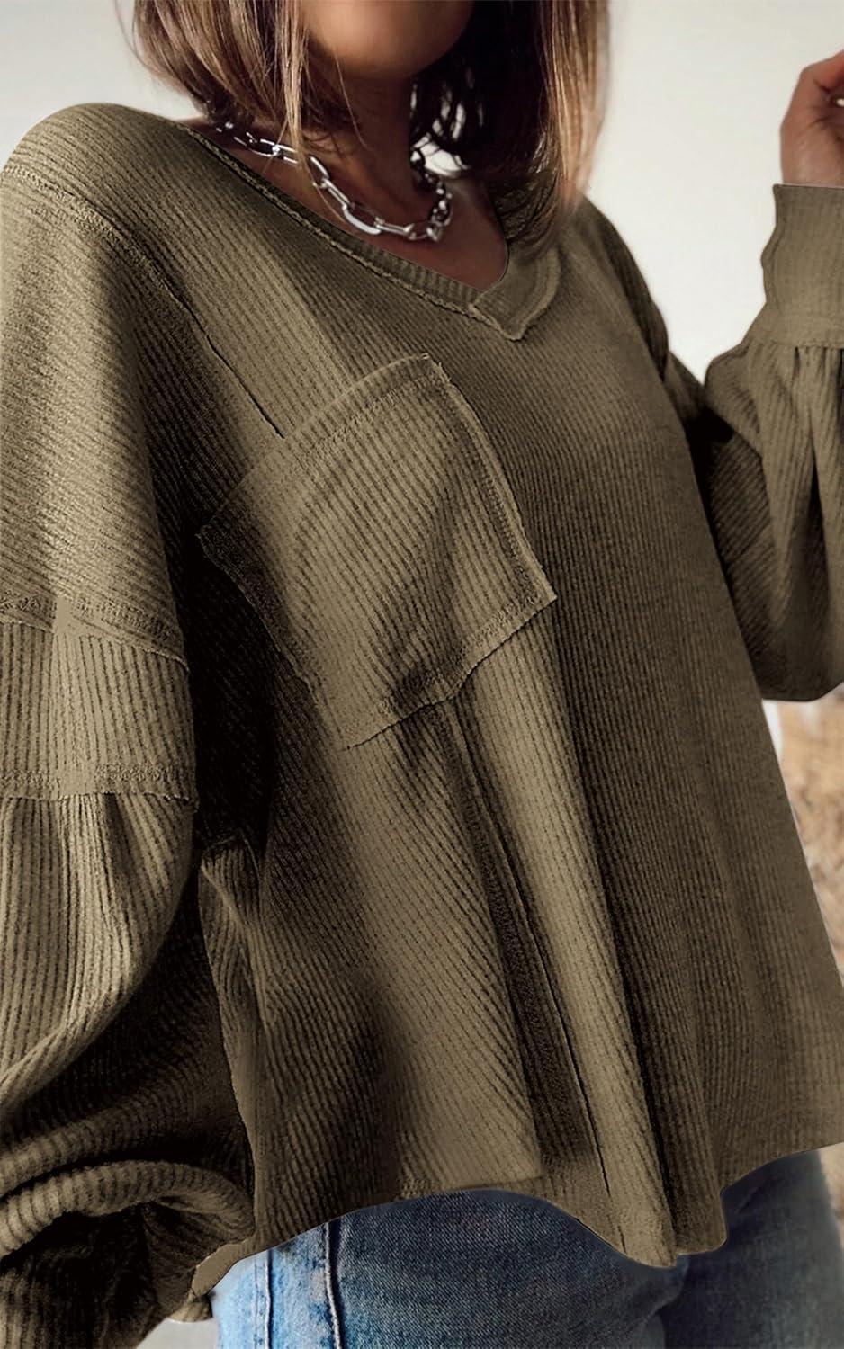imageBTFBM Womens Fall Fashion 2025 Long Sleeve Shirts Casual V Neck Ribbed Knit Blouses Pullover Trendy Loose Fit Tunic TopsSolid Army Green
