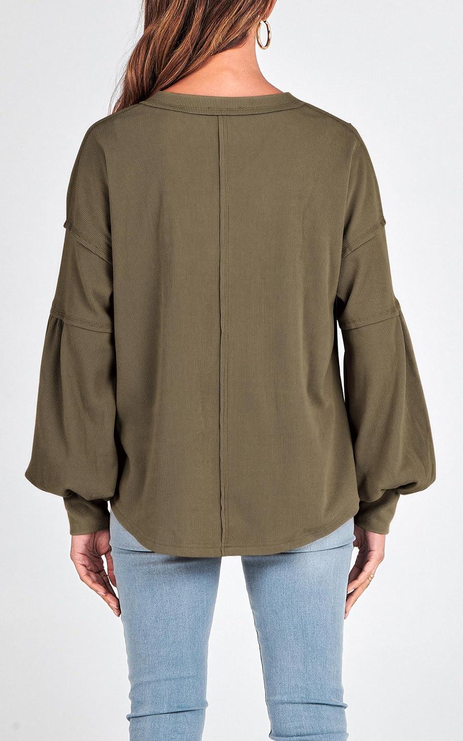 imageBTFBM Womens Fall Fashion 2025 Long Sleeve Shirts Casual V Neck Ribbed Knit Blouses Pullover Trendy Loose Fit Tunic TopsSolid Army Green