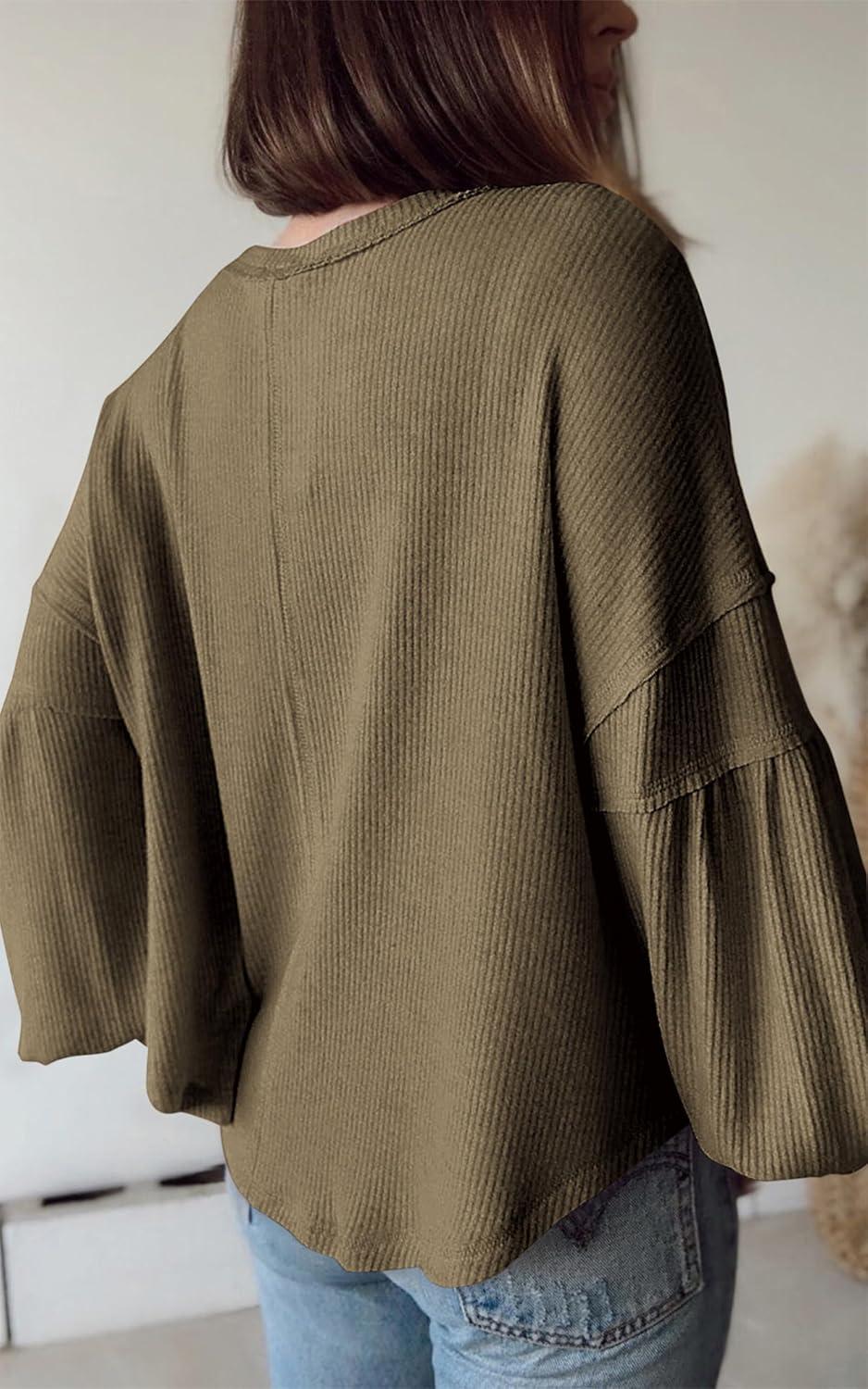 imageBTFBM Womens Fall Fashion 2025 Long Sleeve Shirts Casual V Neck Ribbed Knit Blouses Pullover Trendy Loose Fit Tunic TopsSolid Army Green