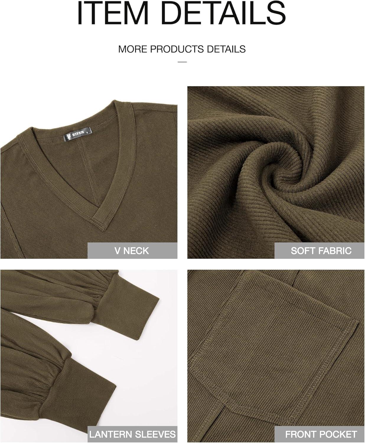 imageBTFBM Womens Fall Fashion 2025 Long Sleeve Shirts Casual V Neck Ribbed Knit Blouses Pullover Trendy Loose Fit Tunic TopsSolid Army Green
