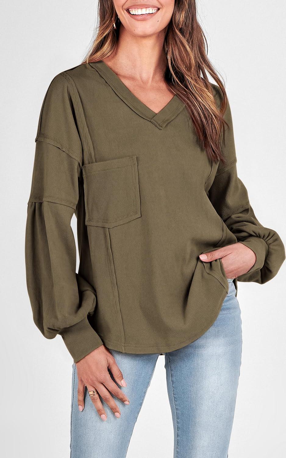 imageBTFBM Womens Fall Fashion 2025 Long Sleeve Shirts Casual V Neck Ribbed Knit Blouses Pullover Trendy Loose Fit Tunic TopsSolid Army Green