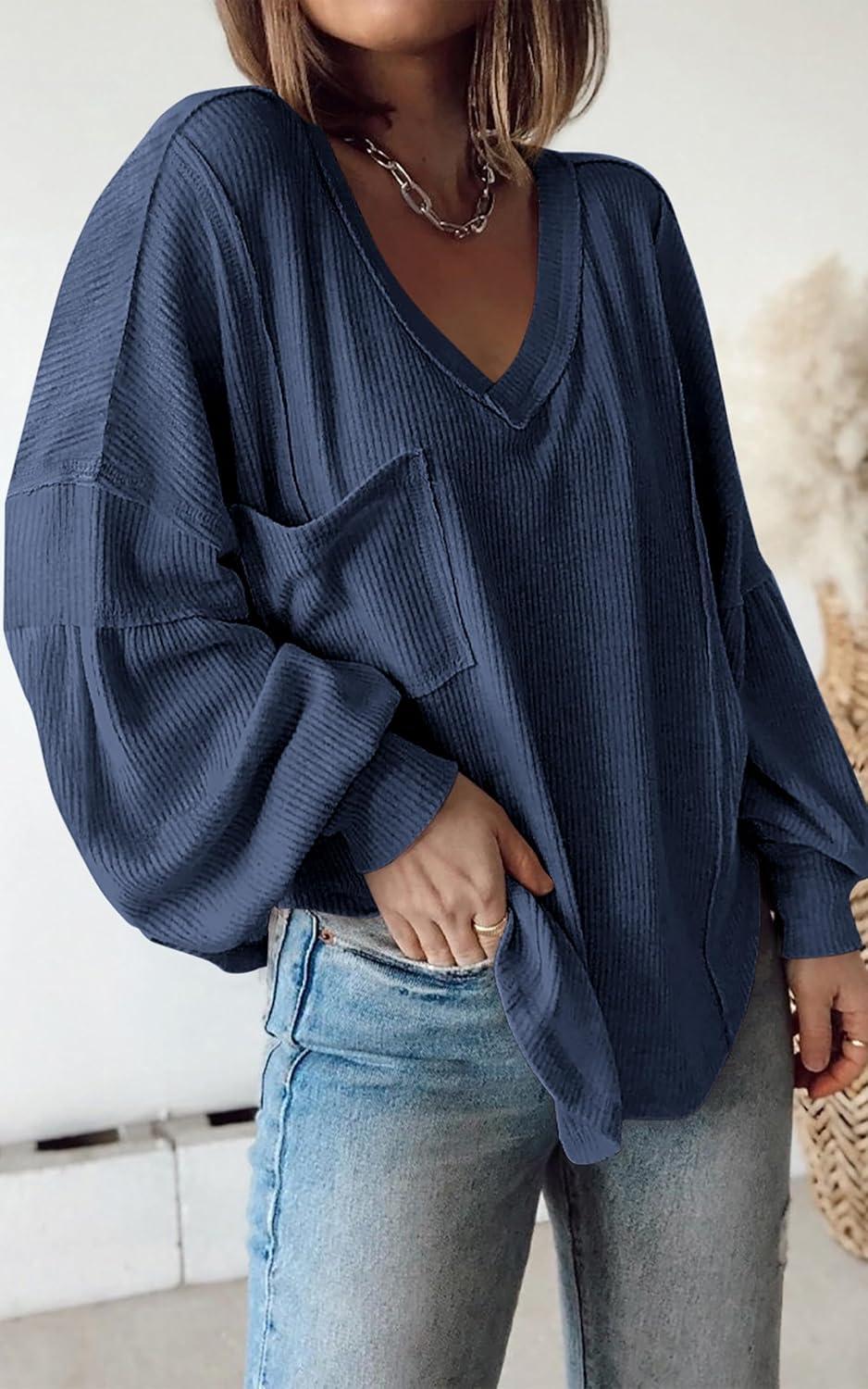 imageBTFBM Womens Fall Fashion 2025 Long Sleeve Shirts Casual V Neck Ribbed Knit Blouses Pullover Trendy Loose Fit Tunic TopsSolid Blue